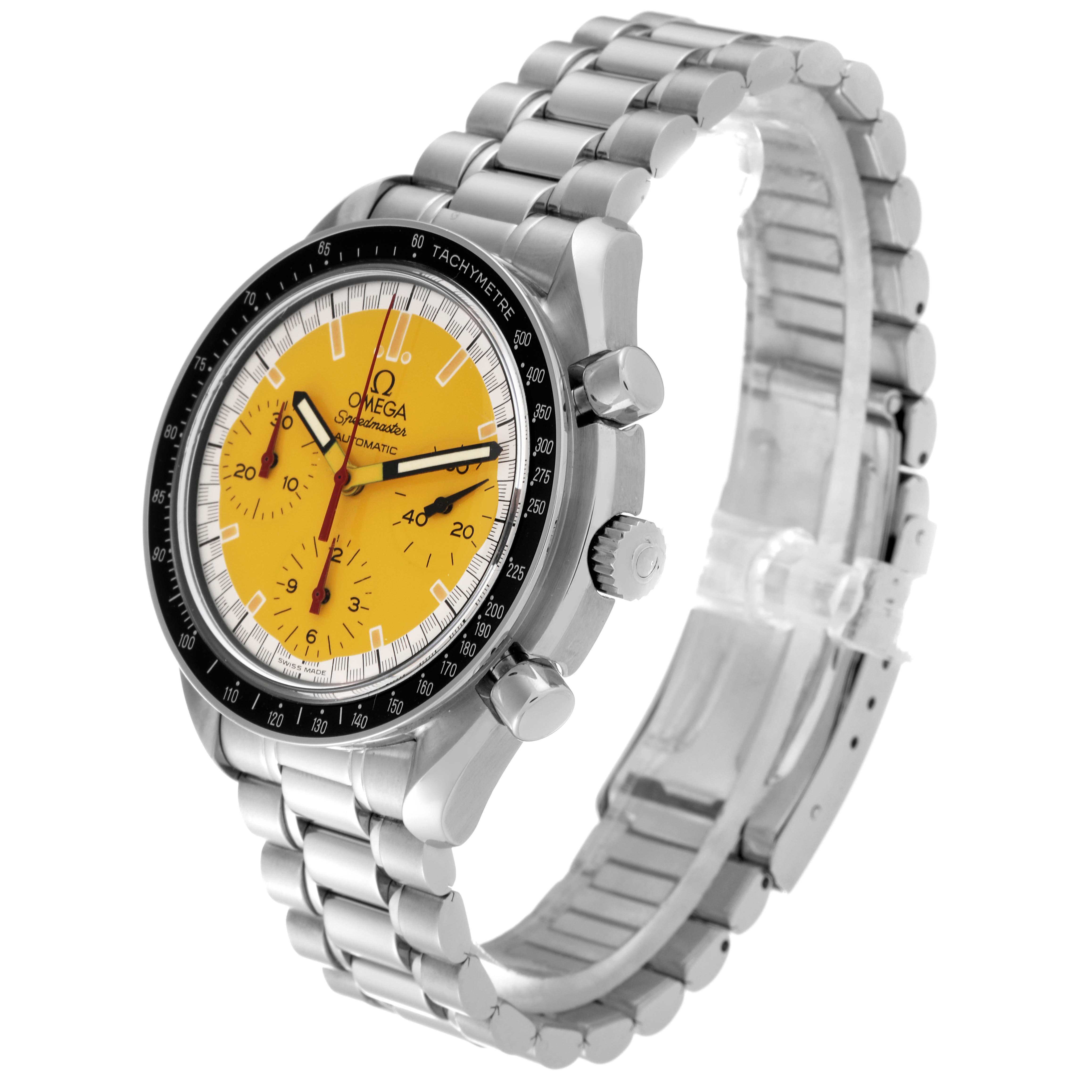 The Omega Speedmaster 3510.12.00 Men
s Stainless Steel Yellow Dial 3510.12.00 Men
s Stainless Steel Yellow Dial watch is shown at a three-quarter angle, highlighting its yellow dial, stainless steel bracelet, and tachymeter bezel.