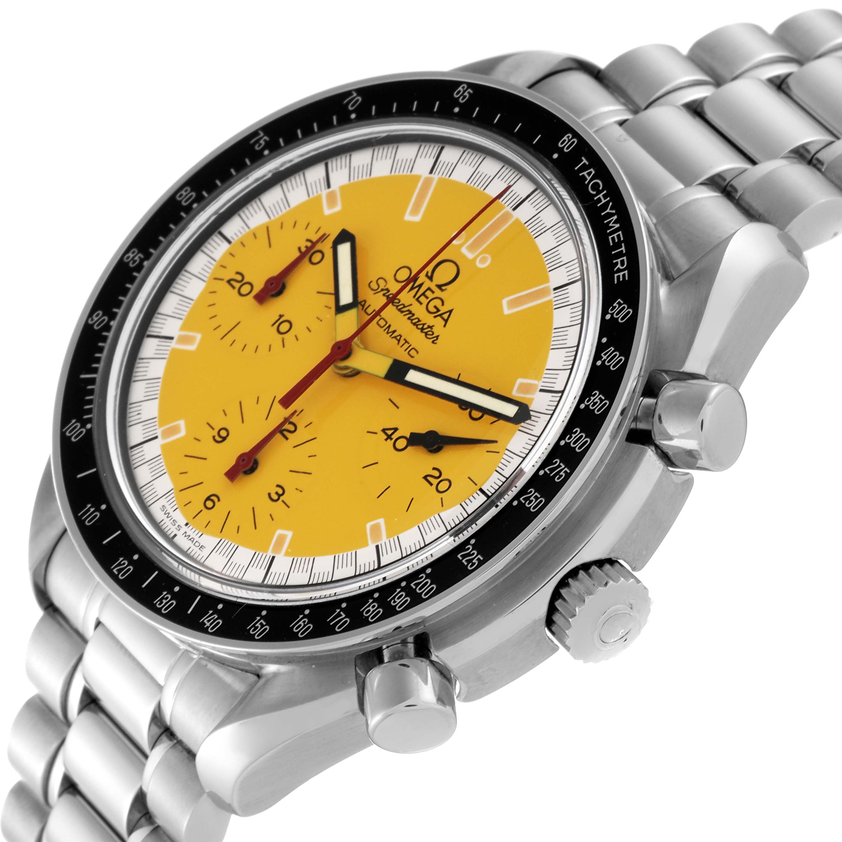 The Omega Speedmaster 3510.12.00 Men
s Stainless Steel Yellow Dial 3510.12.00 Men
s Stainless Steel Yellow Dial watch is shown from an oblique angle highlighting its face, knobs, and metal bracelet.