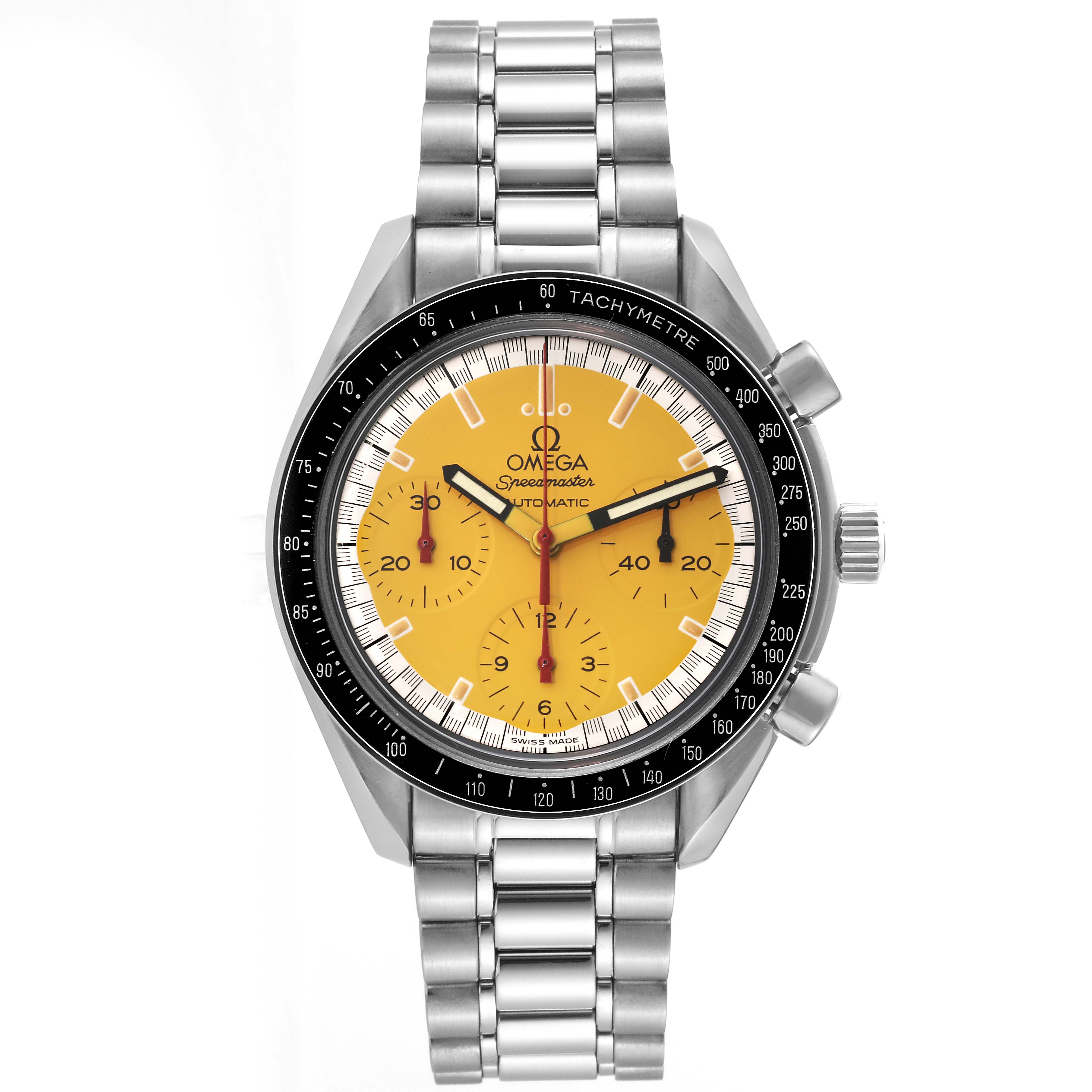 The image shows a front view of the Omega Speedmaster 3510.12.00 Men
s Stainless Steel Yellow Dial 3510.12.00 Men
s Stainless Steel Yellow Dial, highlighting its dial, bezel, case, and bracelet.