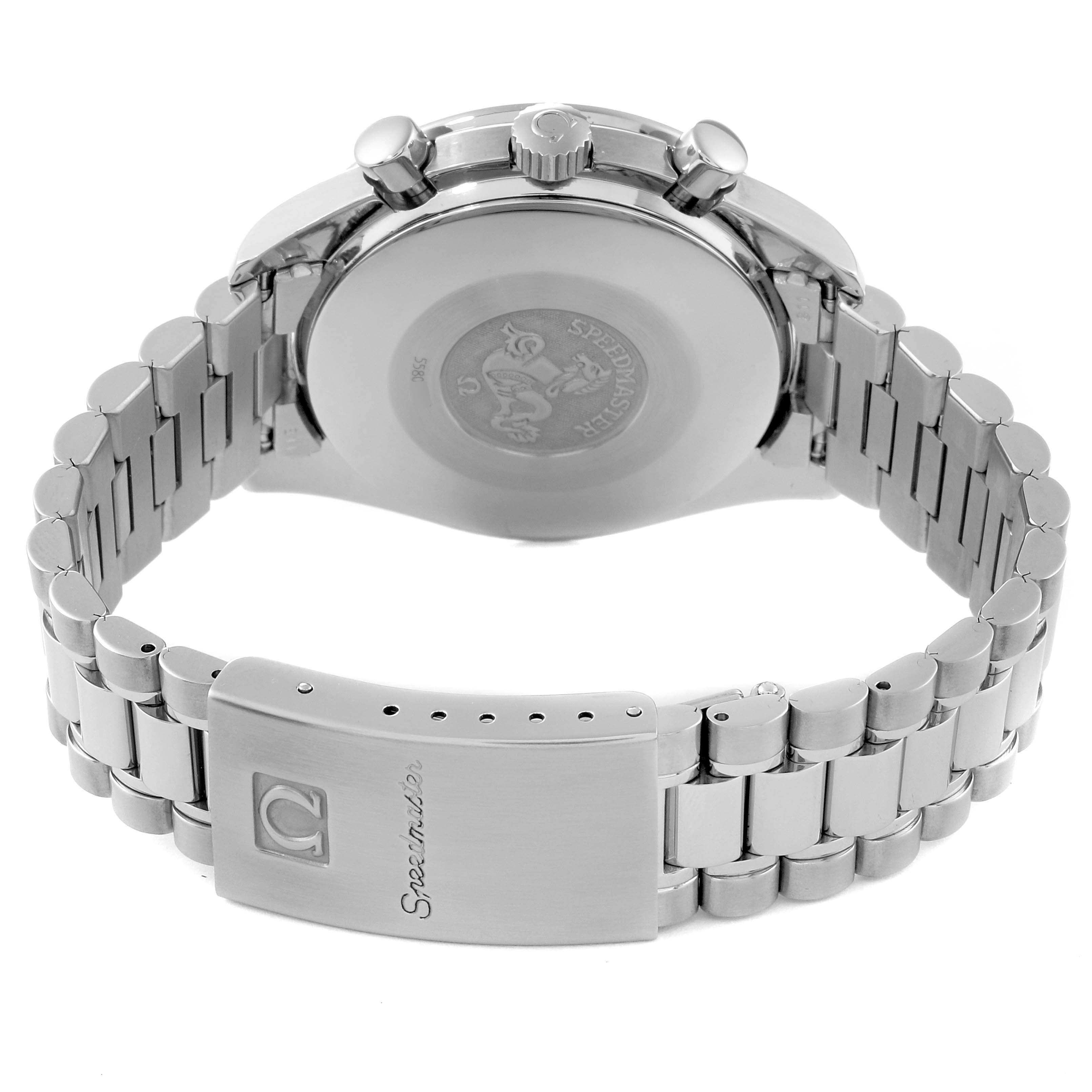 The image shows the back view and clasp of an Omega Speedmaster 3510.12.00 Men
s Stainless Steel Yellow Dial 3510.12.00 Men
s Stainless Steel Yellow Dial watch, highlighting its stainless steel bracelet and crown.