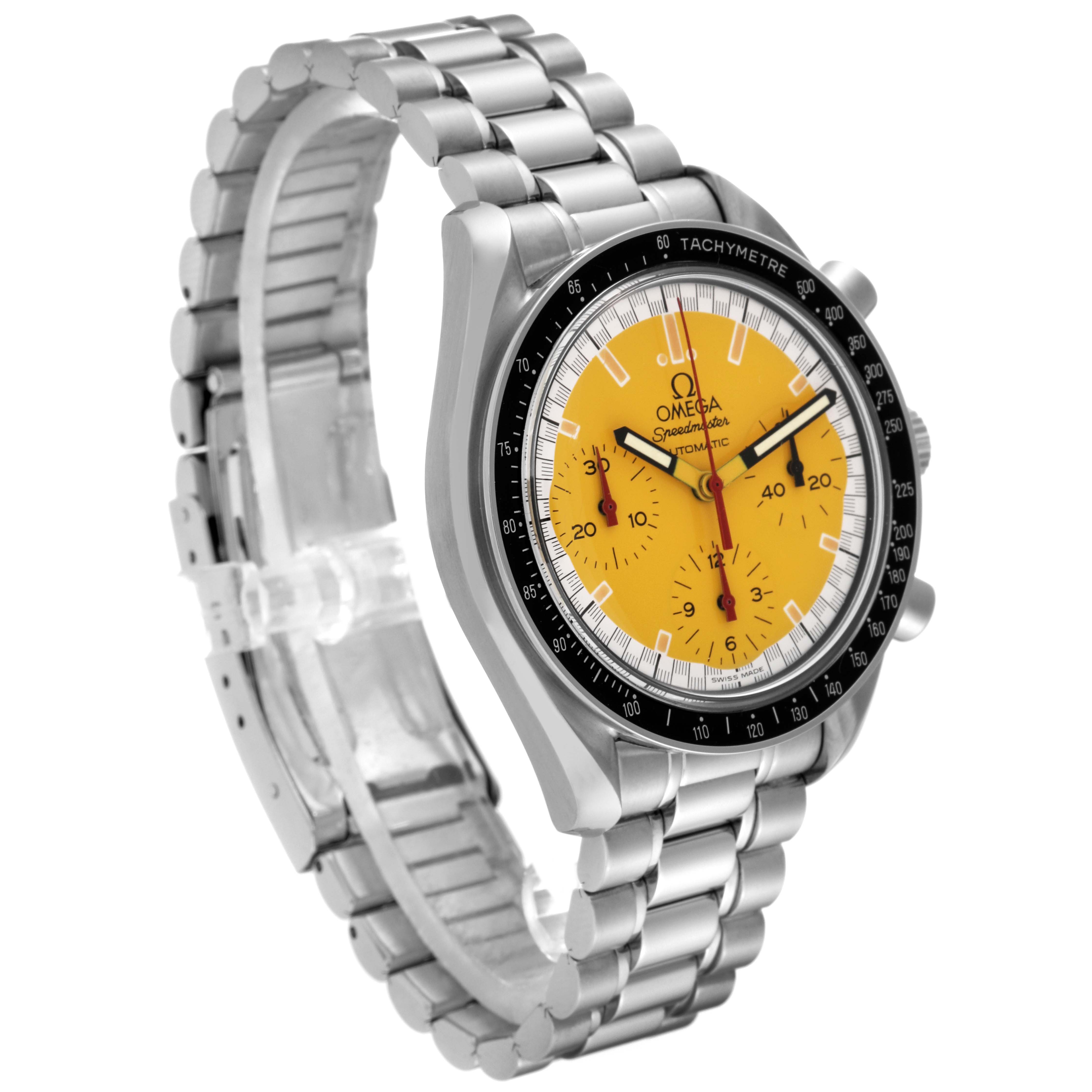 This image shows an angled view of an Omega Speedmaster 3510.12.00 Men
s Stainless Steel Yellow Dial 3510.12.00 Men
s Stainless Steel Yellow Dial watch, highlighting its yellow dial, chronograph subdials, and metal bracelet.