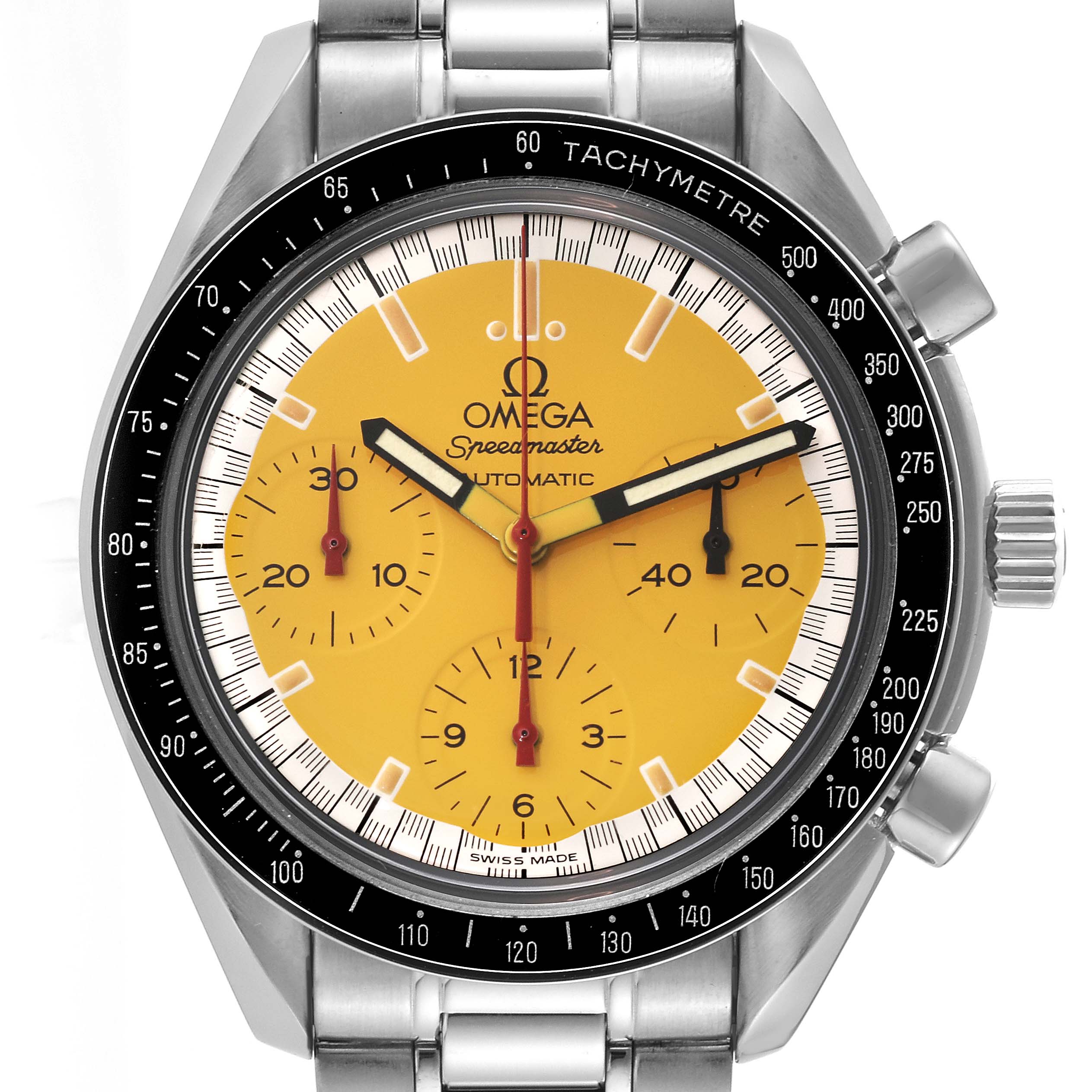 This image shows a front view of the Omega Speedmaster 3510.12.00 Men
s Stainless Steel Yellow Dial 3510.12.00 Men
s Stainless Steel Yellow Dial watch, highlighting the yellow dial, tachymeter bezel, and stainless steel band.