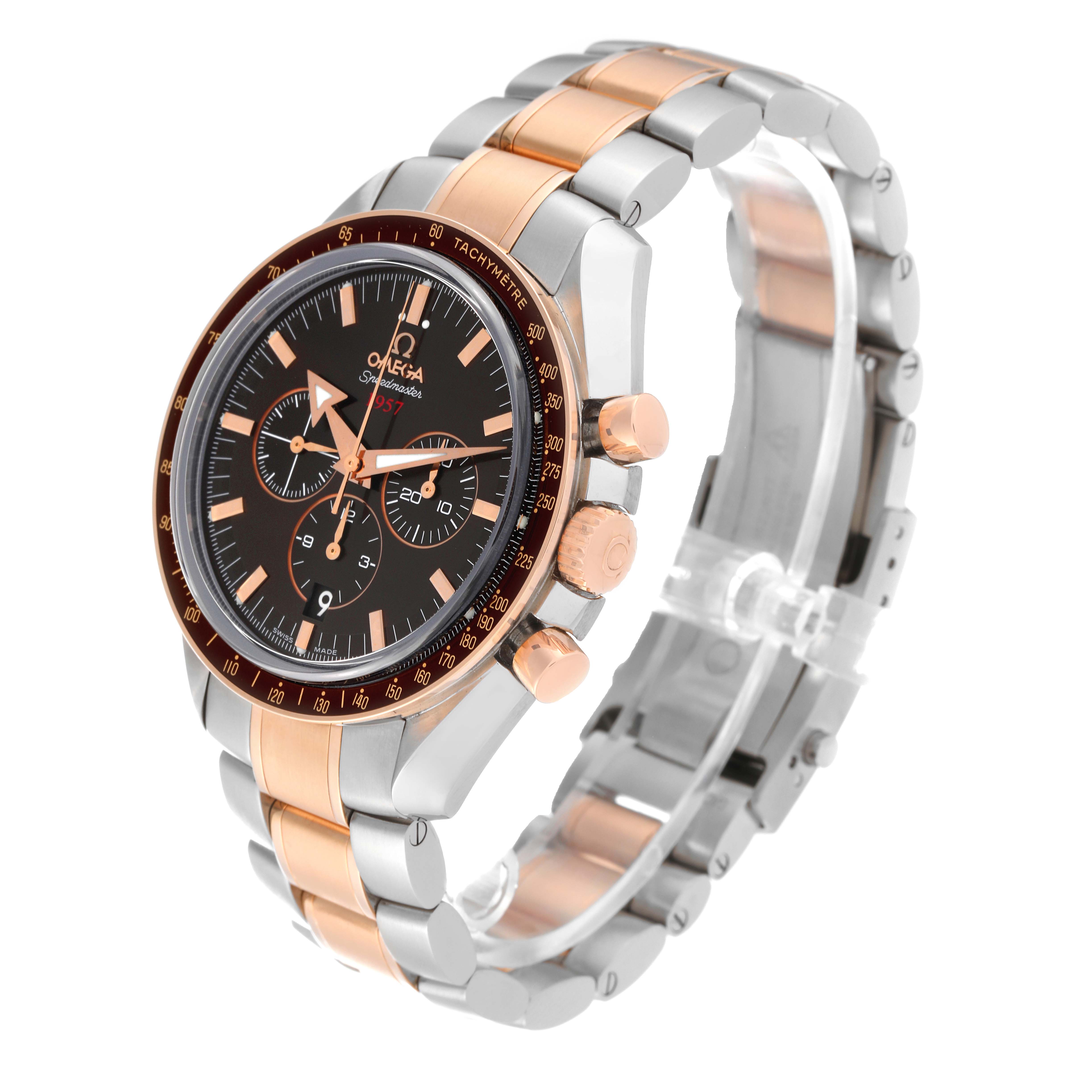 The image shows an angled front view of the Omega Speedmaster 321.90.42.50.13.001 Men's Steel and Gold (two tone) Brown Dial 321.90.42.50.13.001 Men's Steel and Gold (two tone) Brown Dial watch, showcasing its dial, bezel, and bracelet.