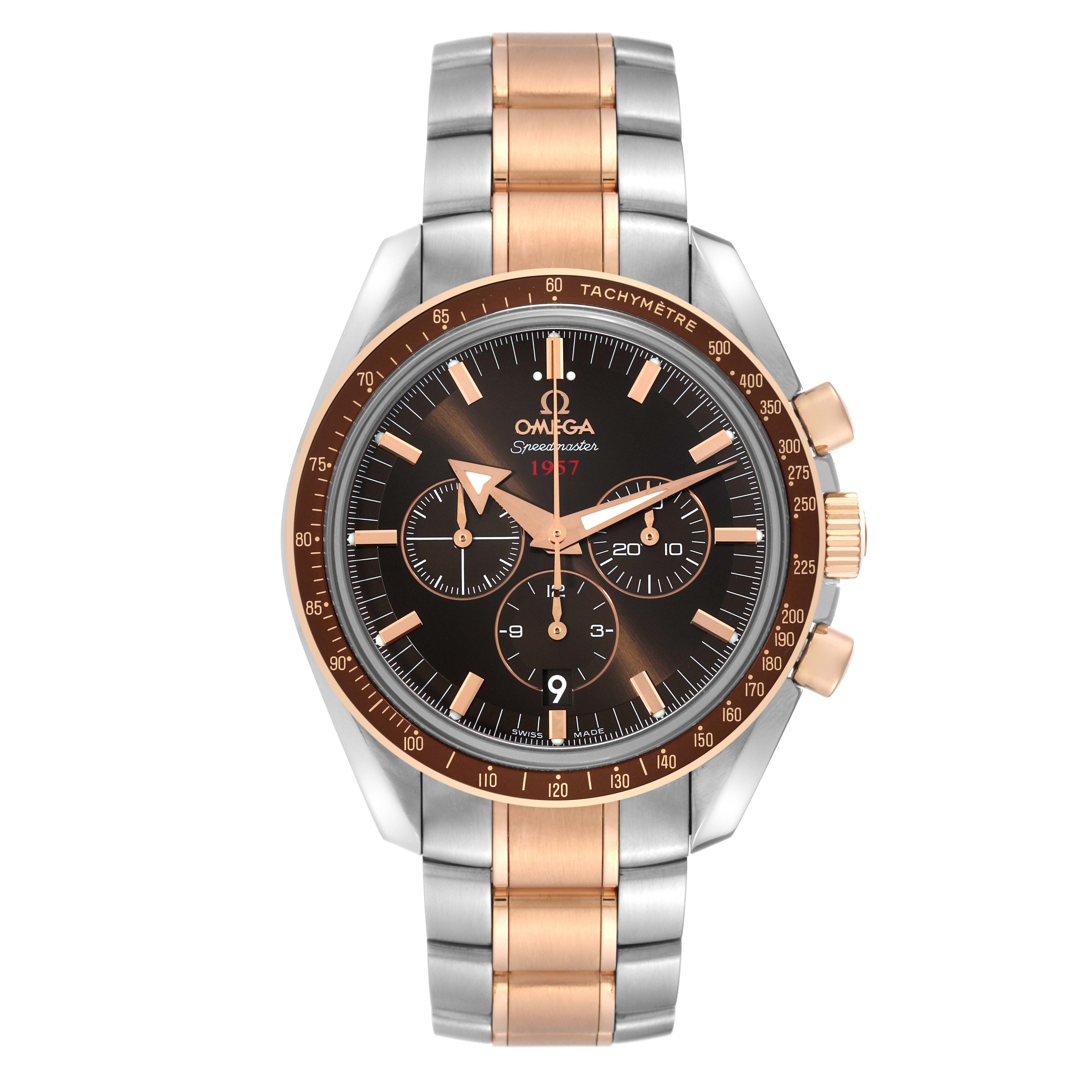 The image shows a front view of an Omega Speedmaster 321.90.42.50.13.001 Men's Steel and Gold (two tone) Brown Dial 321.90.42.50.13.001 Men's Steel and Gold (two tone) Brown Dial watch, displaying its bezel, dial, subdials, crown, and two-tone bracelet.