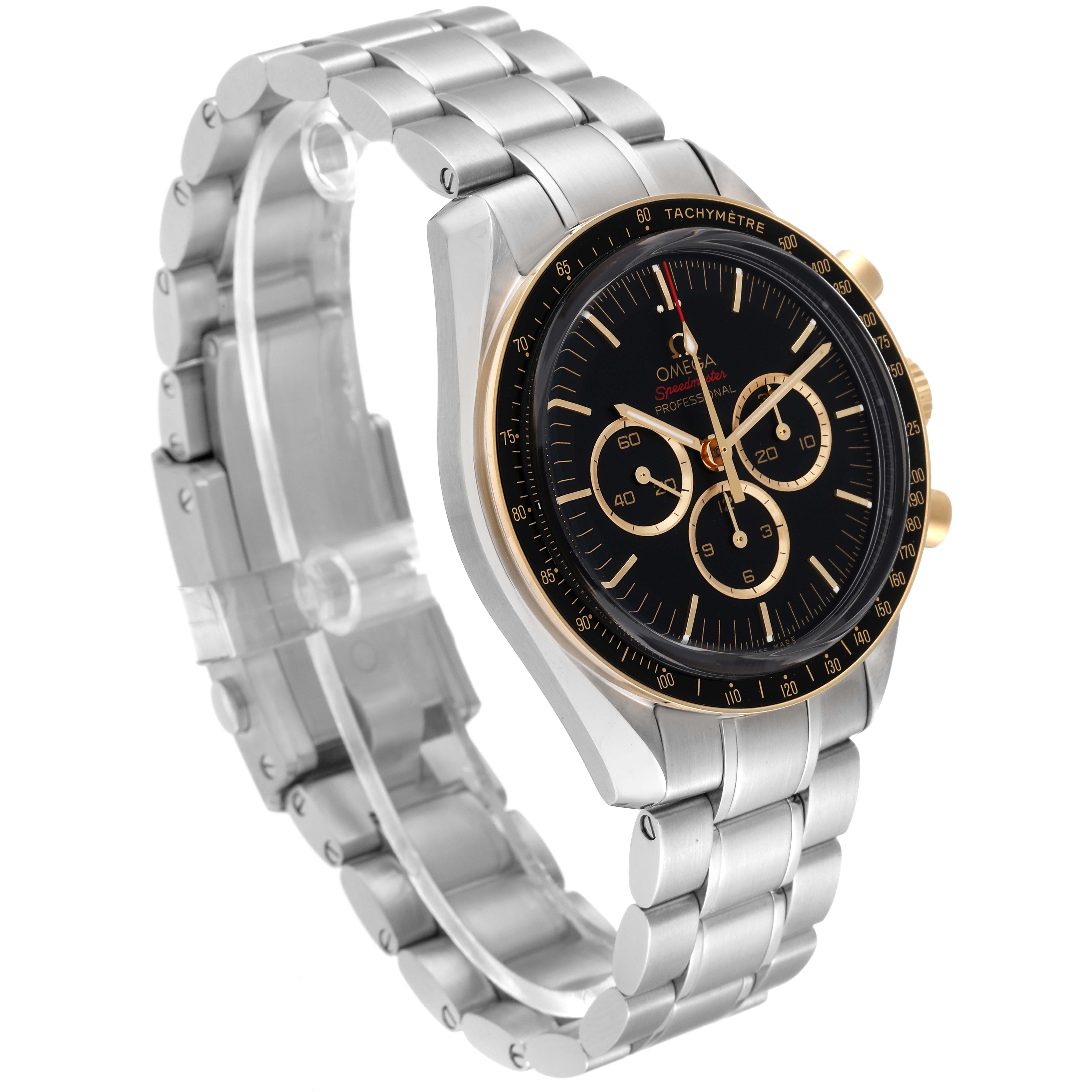 The Omega Speedmaster 522.20.42.30.01.001 Men's Steel and Gold (two tone) Black Dial 522.20.42.30.01.001 Men's Steel and Gold (two tone) Black Dial watch is shown at a three-quarter angle, displaying its dial, bezel, crown, and metal bracelet.