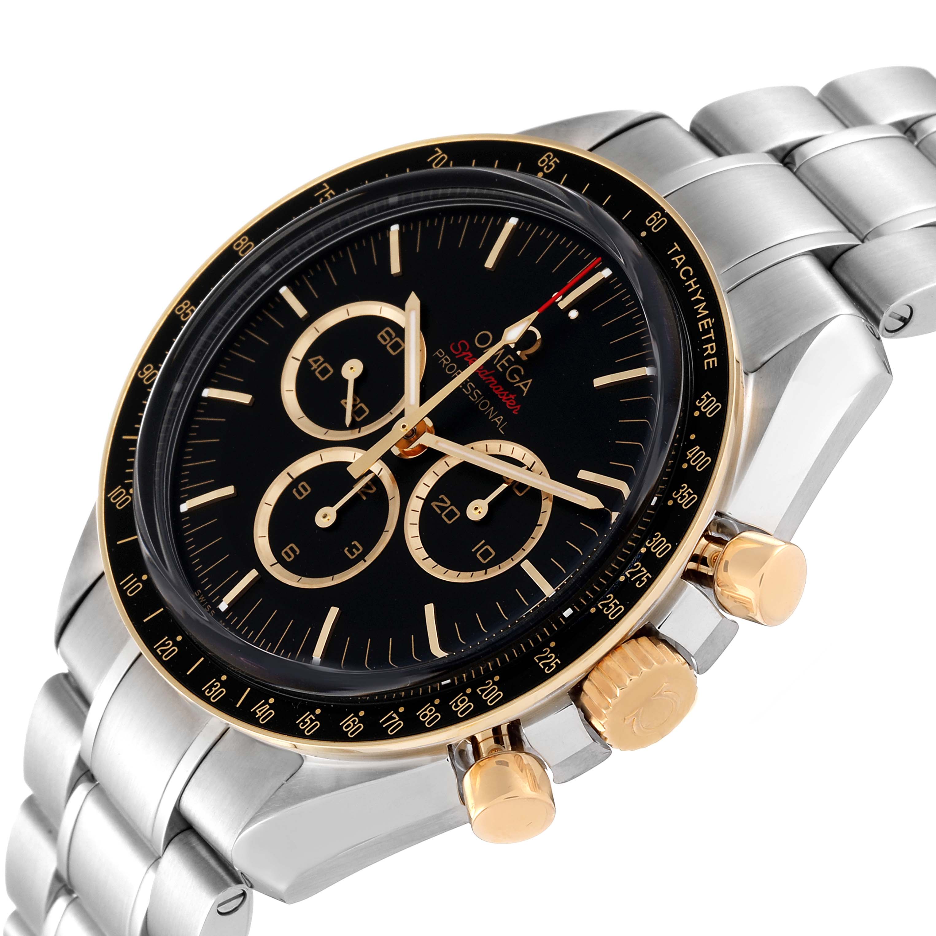 The Omega Speedmaster 522.20.42.30.01.001 Men's Steel and Gold (two tone) Black Dial 522.20.42.30.01.001 Men's Steel and Gold (two tone) Black Dial watch is shown at an oblique angle, highlighting its face, bezel, crown, pushers, and bracelet.