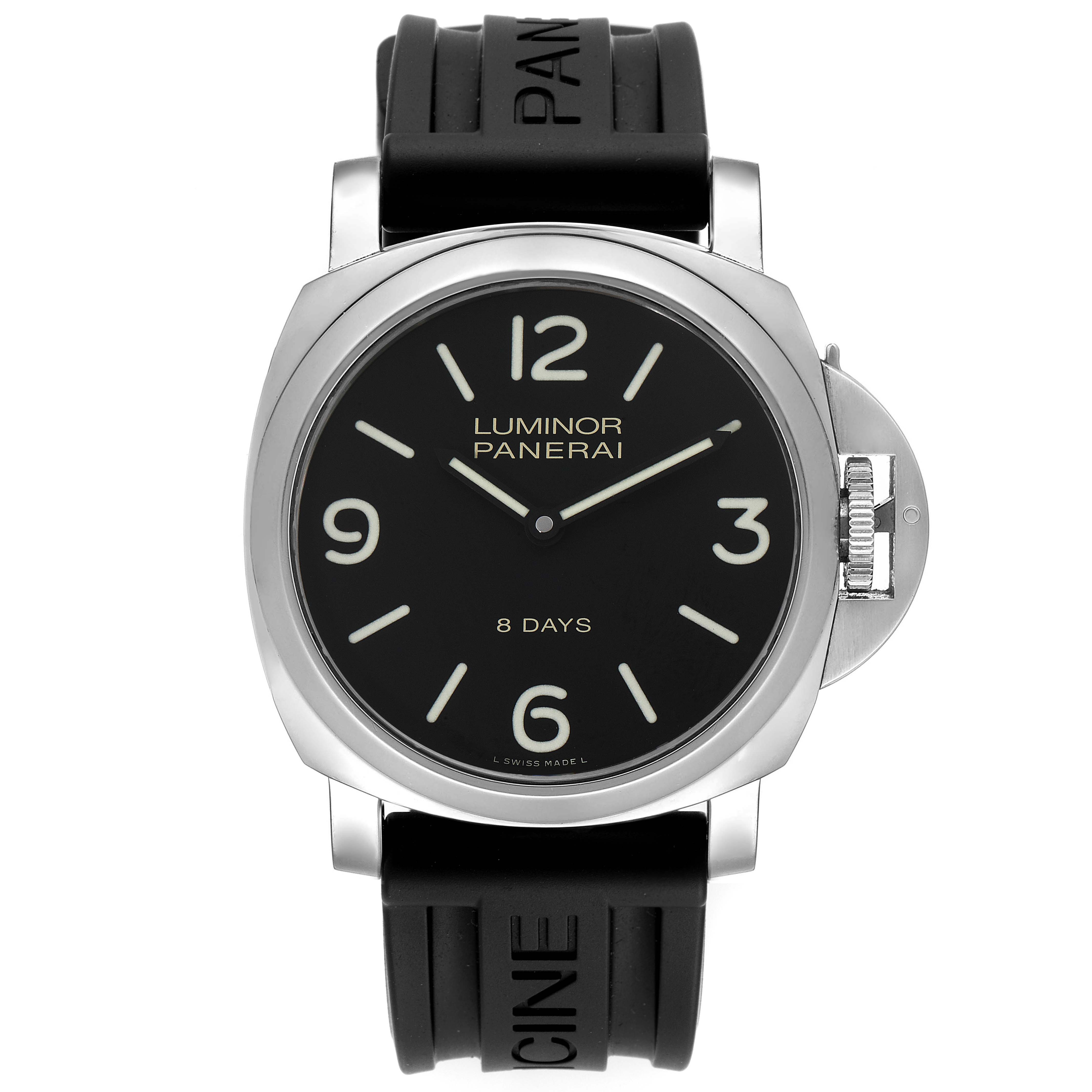 The image shows a front view of the Panerai Luminor PAM00560 Men's Stainless Steel Black Dial PAM00560 Men's Stainless Steel Black Dial watch, highlighting the dial, case, and rubber strap.