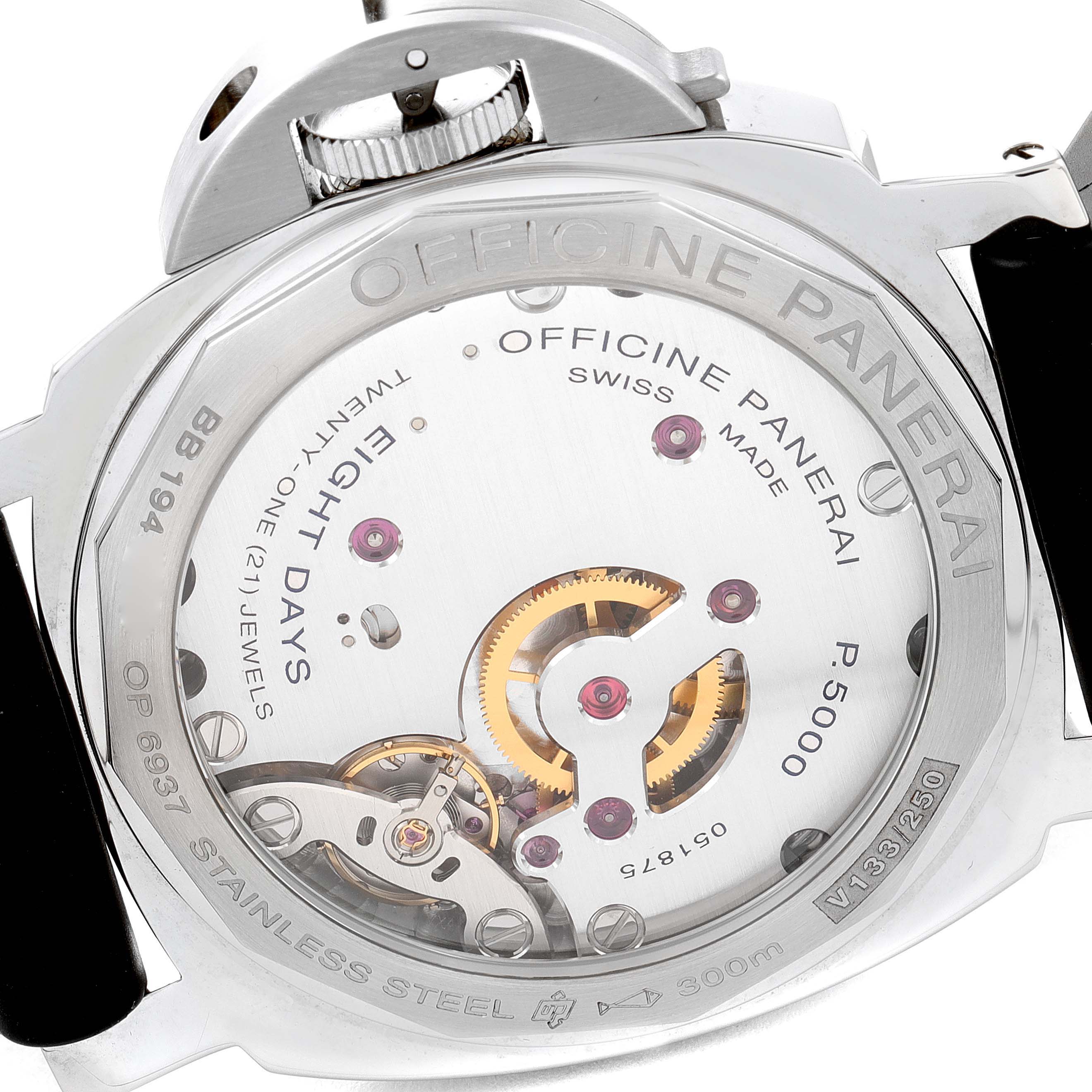 The image shows the back of a Panerai Luminor PAM00560 Men's Stainless Steel Black Dial PAM00560 Men's Stainless Steel Black Dial watch, revealing its movement and inner workings.