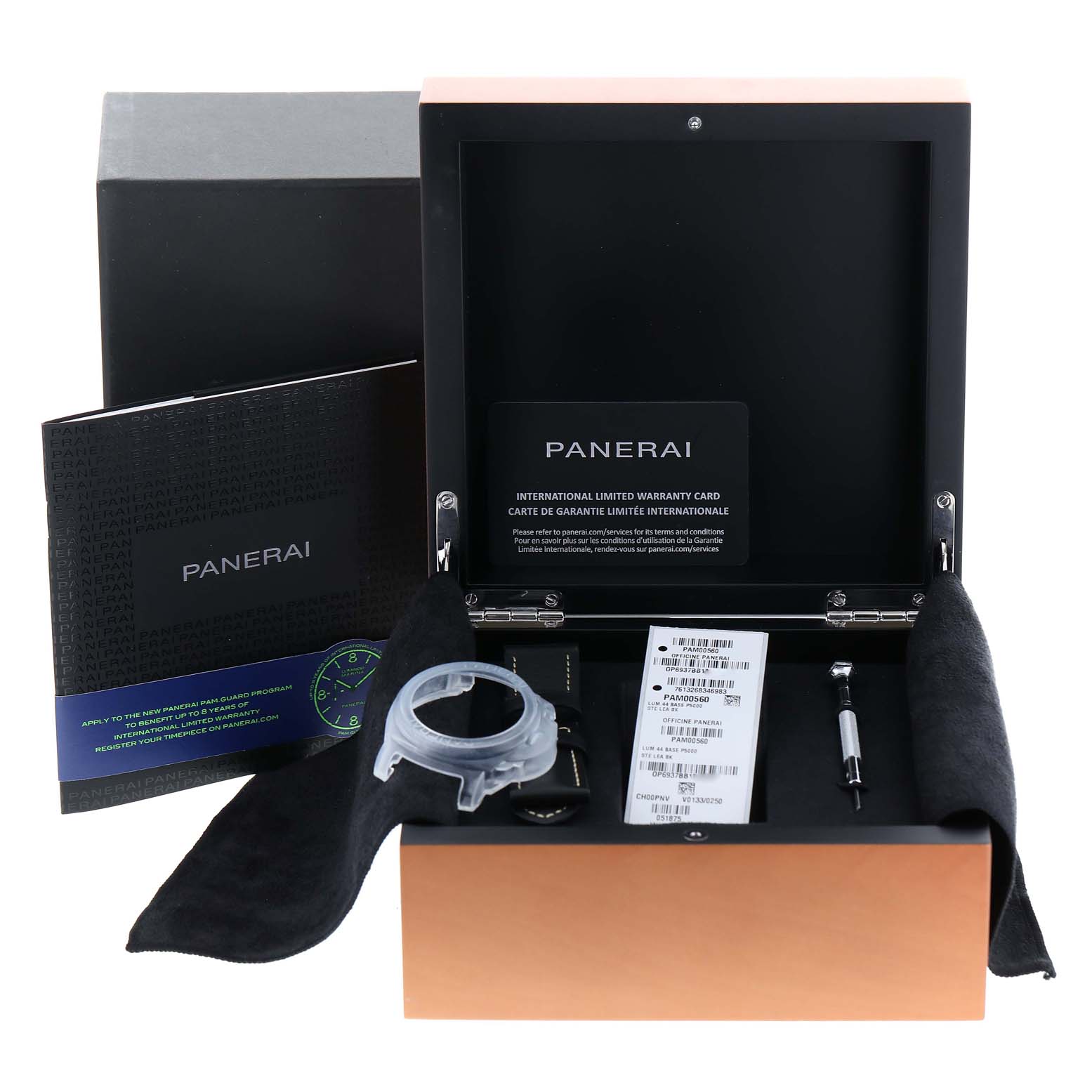 This image shows a Luminor model by Panerai with its open box, warranty card, booklet, tool, and watch cover.