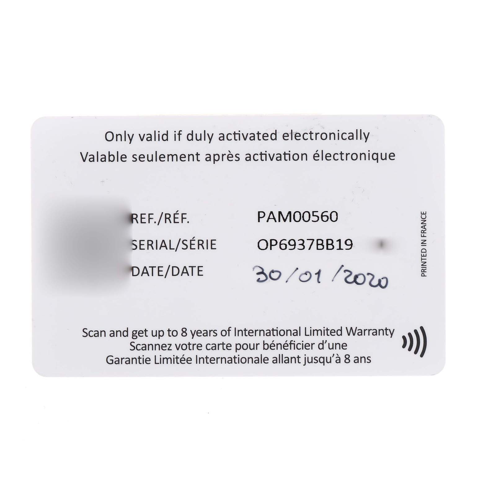 This image shows a warranty card for the Panerai Luminor PAM00560 Men's Stainless Steel Black Dial PAM00560 Men's Stainless Steel Black Dial model PAM00560.