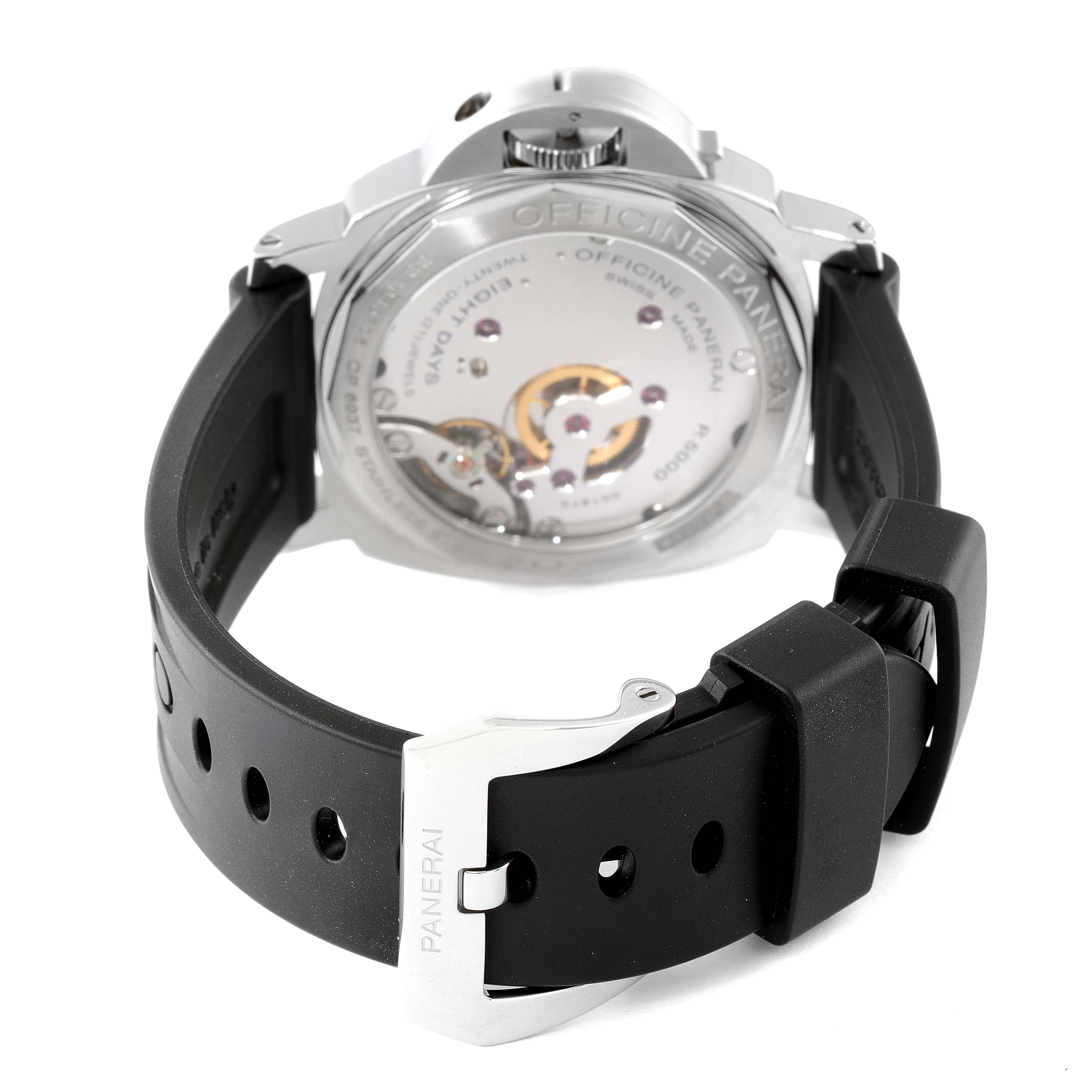 The image shows the back view of a Panerai Luminor PAM00560 Men's Stainless Steel Black Dial PAM00560 Men's Stainless Steel Black Dial watch, featuring its movement and black rubber strap.