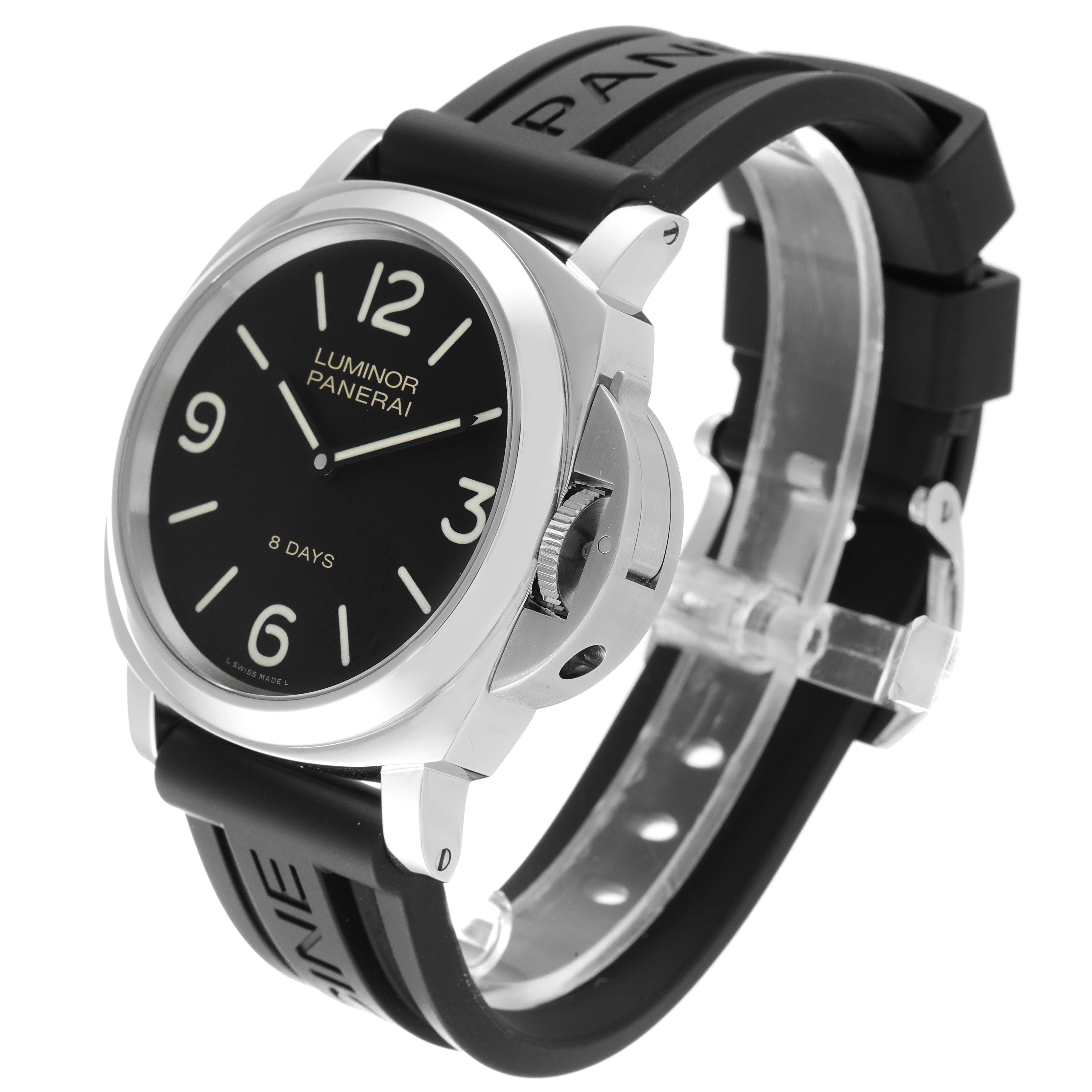 This image shows a side angle of the Panerai Luminor PAM00560 Men's Stainless Steel Black Dial PAM00560 Men's Stainless Steel Black Dial watch, highlighting the dial, crown guard, and rubber strap.