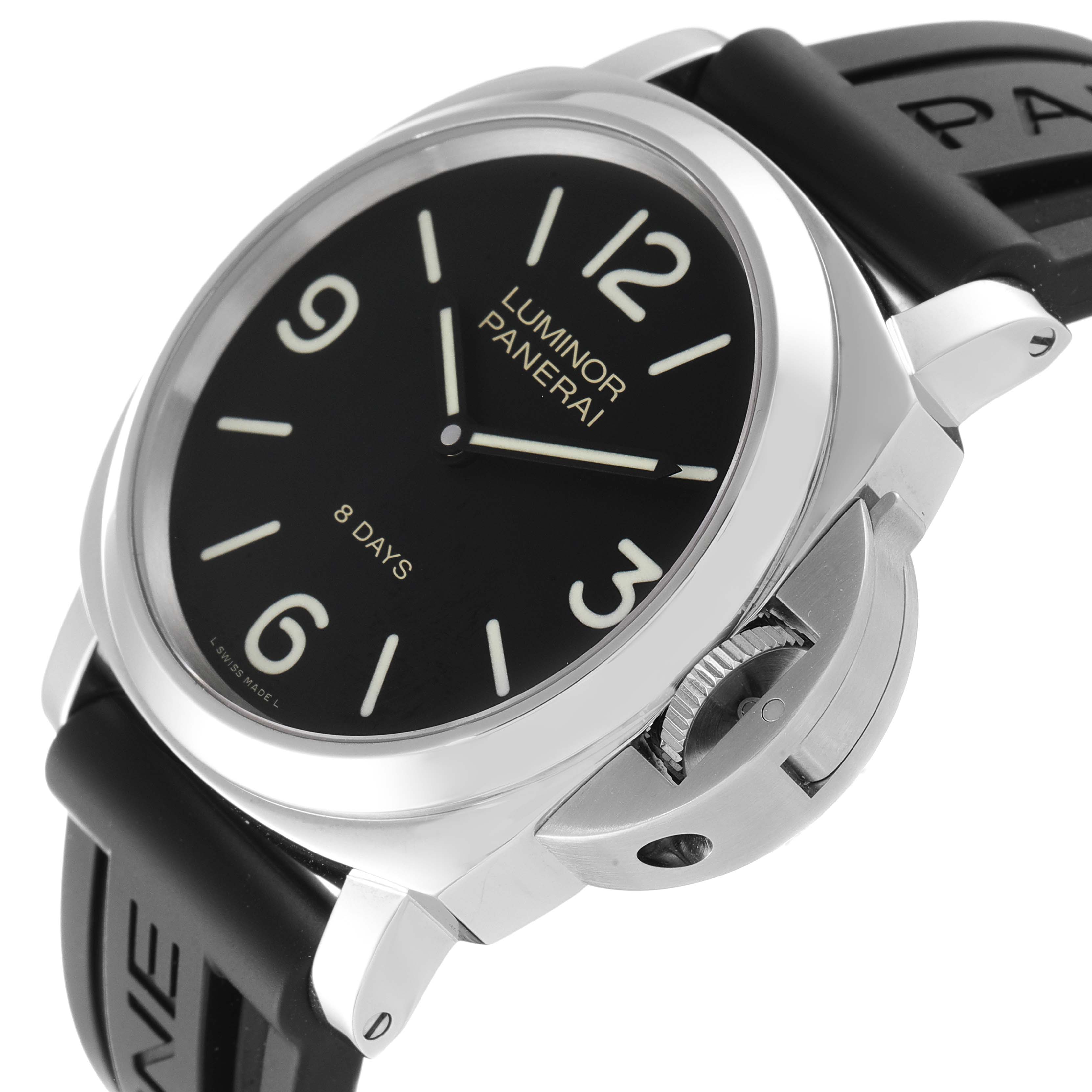The image shows a side-angle view of a Panerai Luminor PAM00560 Men's Stainless Steel Black Dial PAM00560 Men's Stainless Steel Black Dial watch, highlighting the dial, crown guard, and strap.