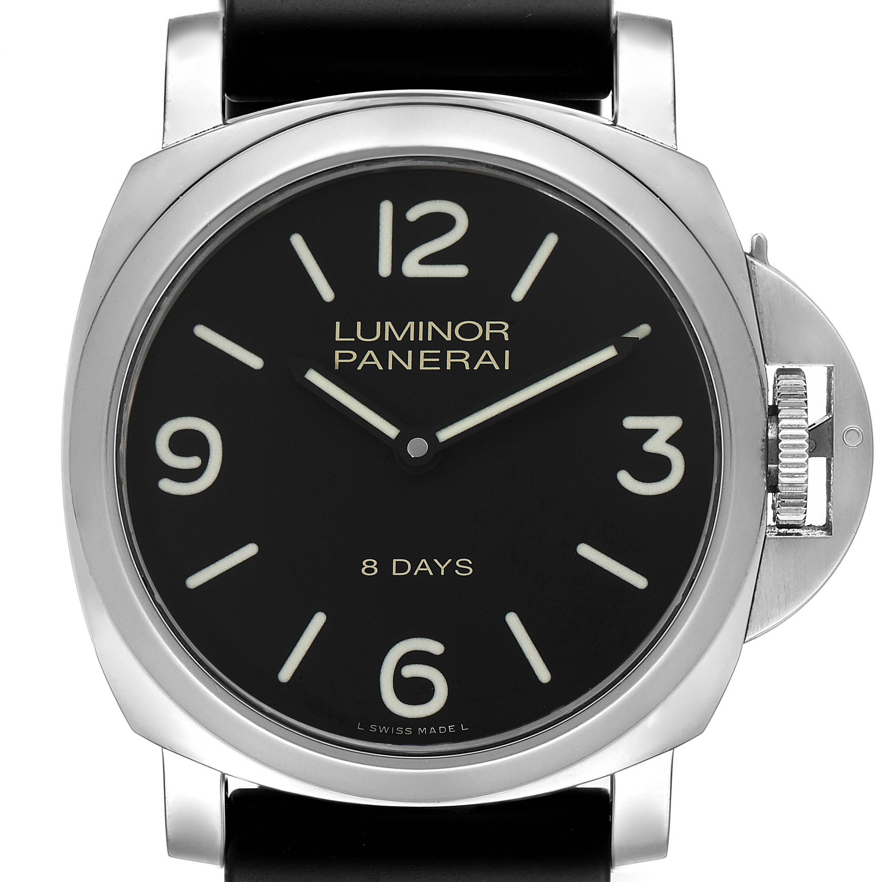 The image shows a front view of a Luminor model by Panerai, displaying the face, crown guard, and part of the strap.