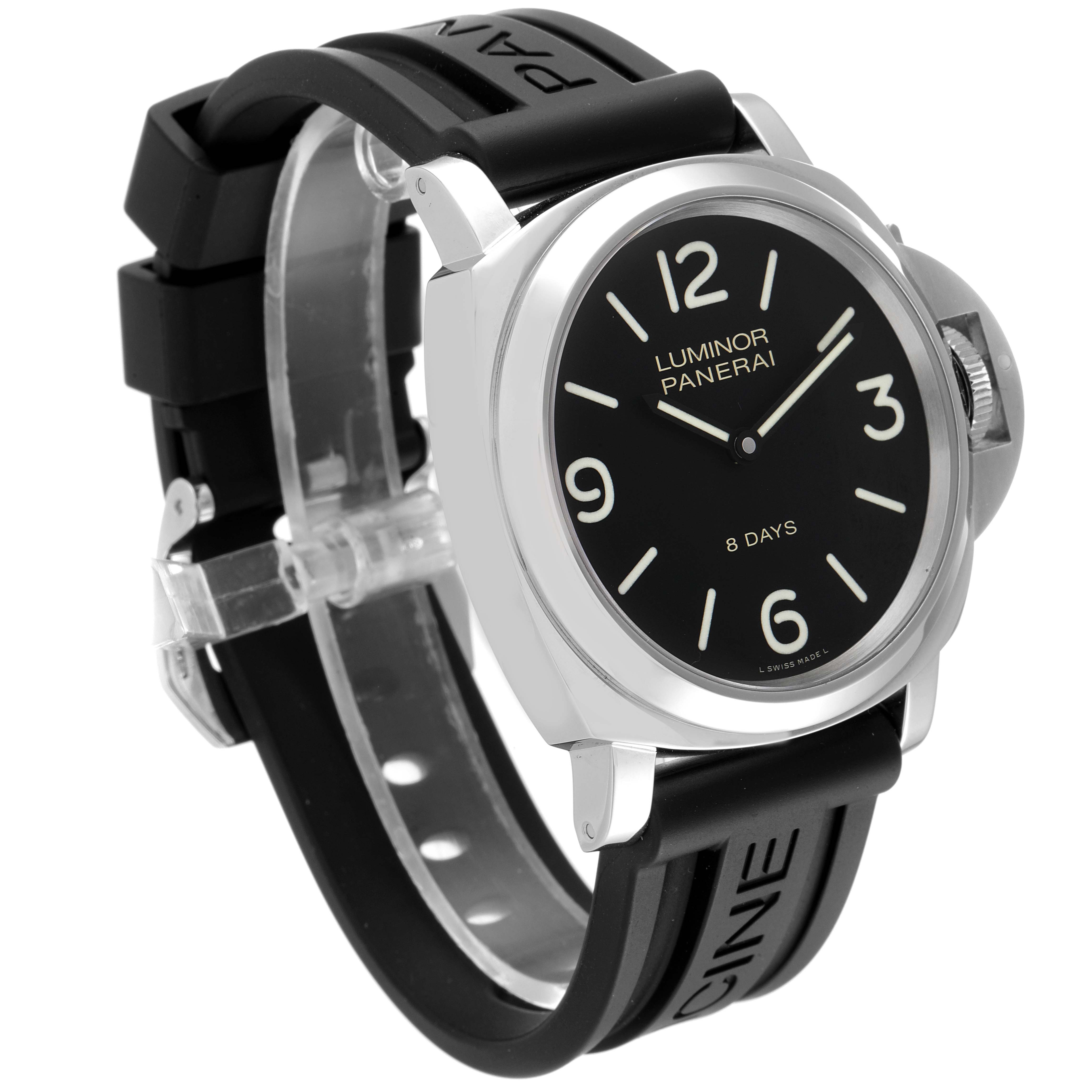 The image shows a Panerai Luminor PAM00560 Men's Stainless Steel Black Dial PAM00560 Men's Stainless Steel Black Dial watch at a 3/4 angle, displaying the black dial, case, and rubber strap.