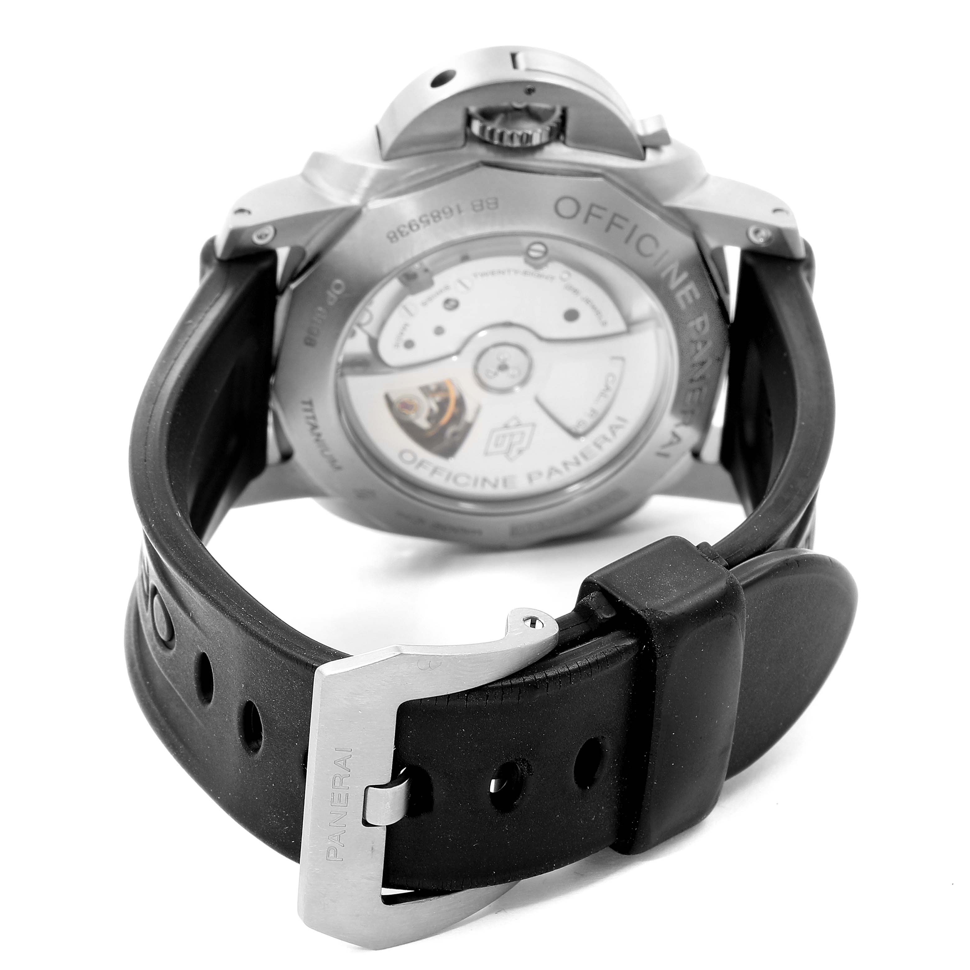 This image shows the back view of a Panerai Luminor PAM00351 Men
s Stainless Steel Black Dial PAM00351 Men
s Stainless Steel Black Dial watch, displaying its transparent caseback and black rubber strap with buckle.