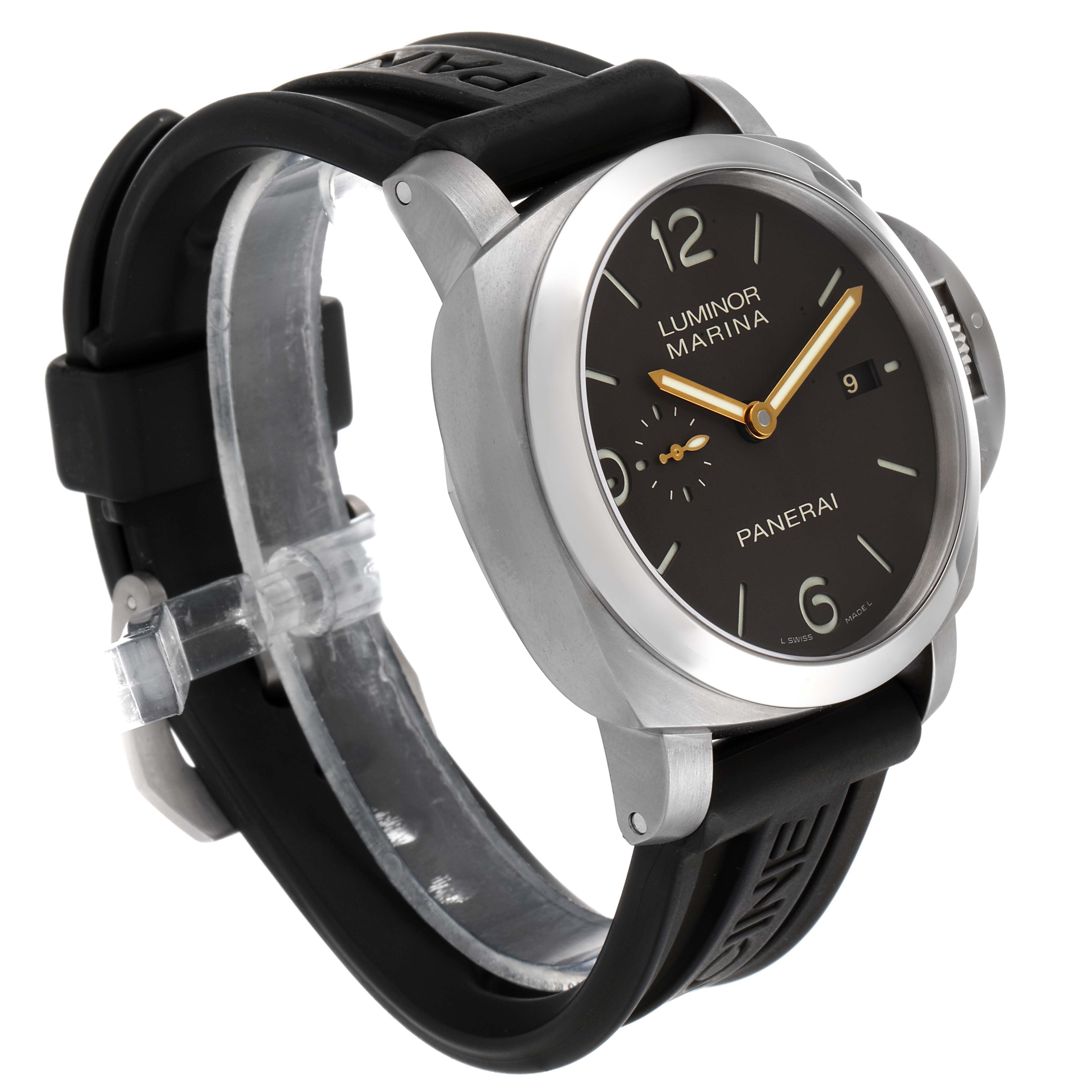 The Panerai Luminor PAM00351 Men
s Stainless Steel Black Dial PAM00351 Men
s Stainless Steel Black Dial watch is shown at a front-side angle, highlighting the face, strap, and crown guard.