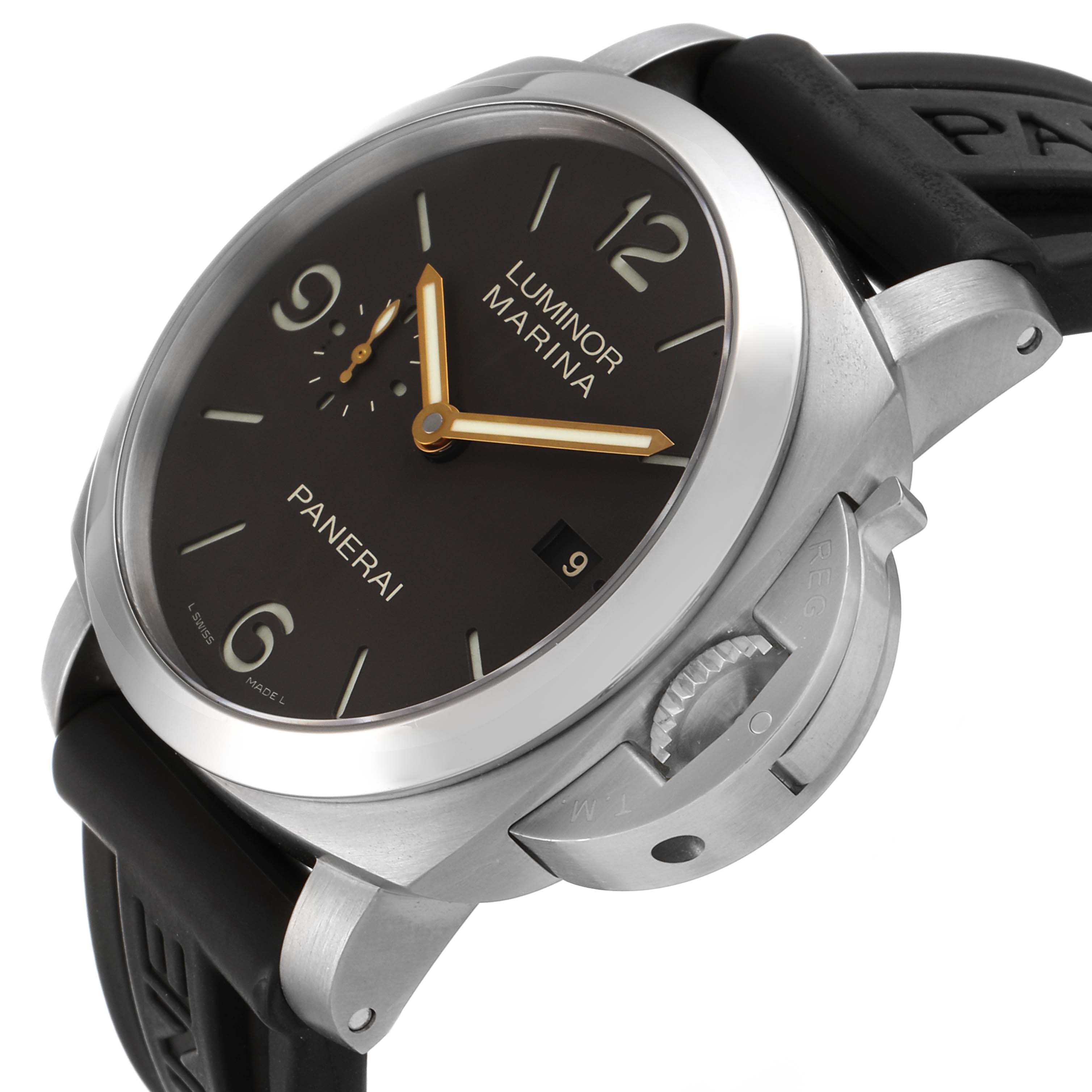 The image shows a close-up angled view of the Panerai Luminor PAM00351 Men
s Stainless Steel Black Dial PAM00351 Men
s Stainless Steel Black Dial watch, highlighting the dial, crown, and rubber strap.