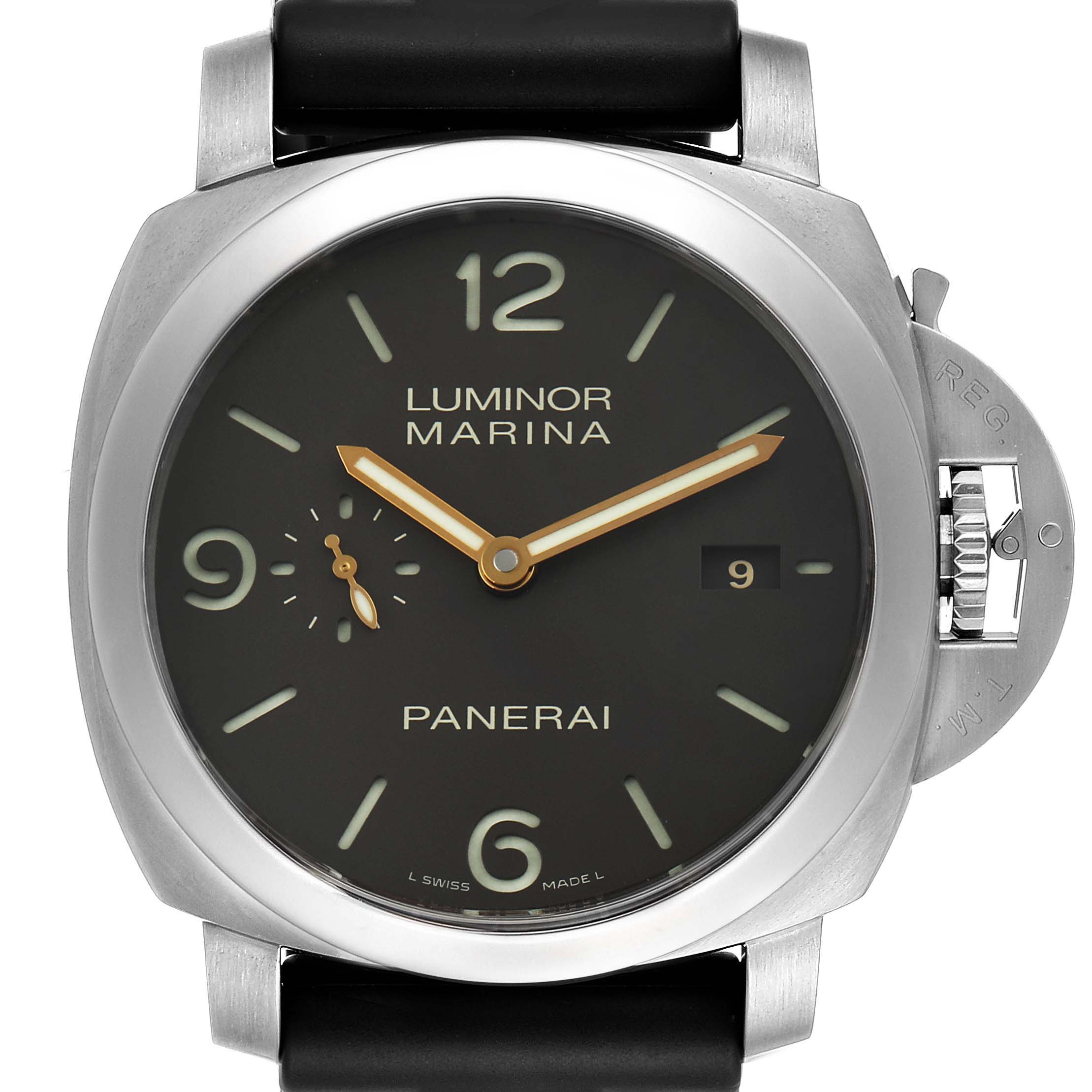 The image shows a front view of a Panerai Luminor PAM00351 Men
s Stainless Steel Black Dial PAM00351 Men
s Stainless Steel Black Dial Marina watch, highlighting its black dial, numeral markers, and signature crown guard.