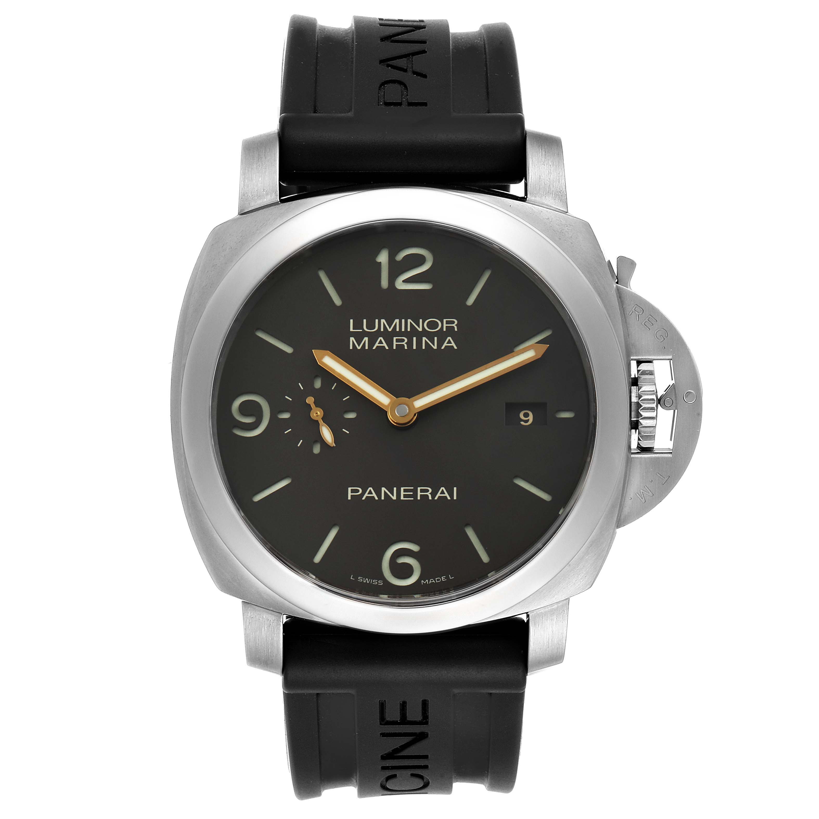 The image shows a front view of a Panerai Luminor PAM00351 Men
s Stainless Steel Black Dial PAM00351 Men
s Stainless Steel Black Dial Marina watch, highlighting the face, bezel, and black rubber strap.