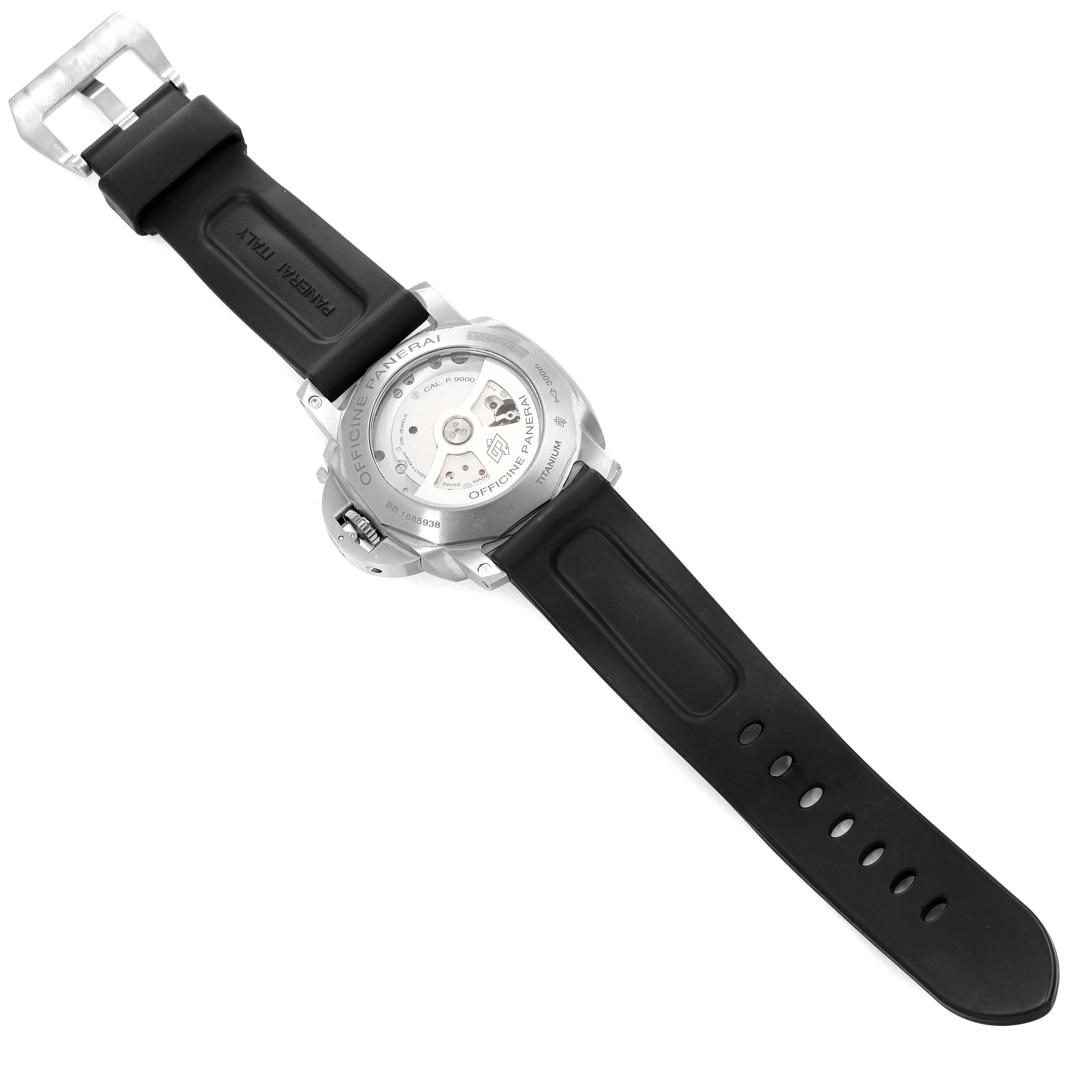 The image shows the back view of a Panerai Luminor PAM00351 Men
s Stainless Steel Black Dial PAM00351 Men
s Stainless Steel Black Dial watch with its movement and strap visible.