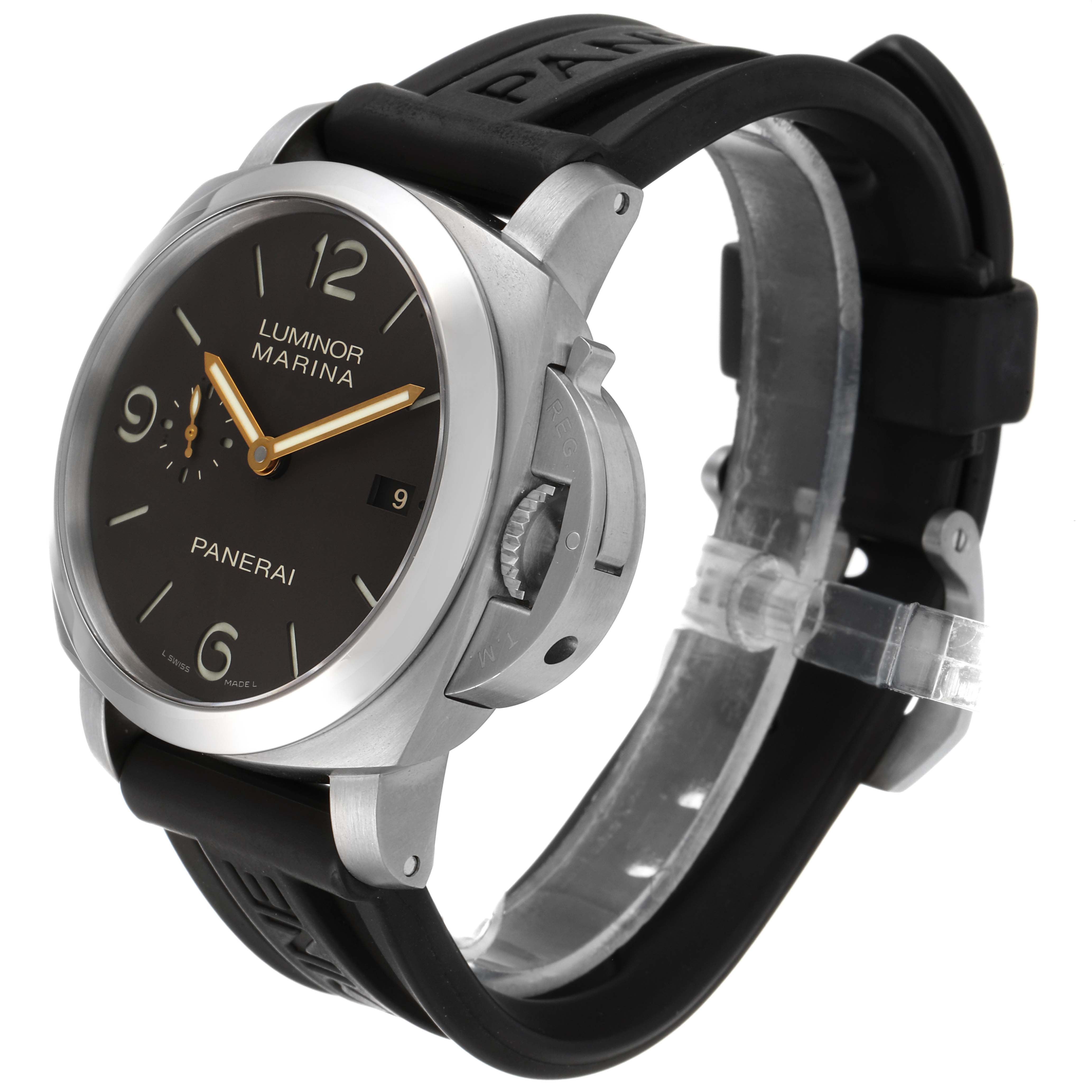 This image shows a side-angle view of a Panerai Luminor PAM00351 Men
s Stainless Steel Black Dial PAM00351 Men
s Stainless Steel Black Dial Marina watch, displaying the face, bezel, crown guard, and black strap.
