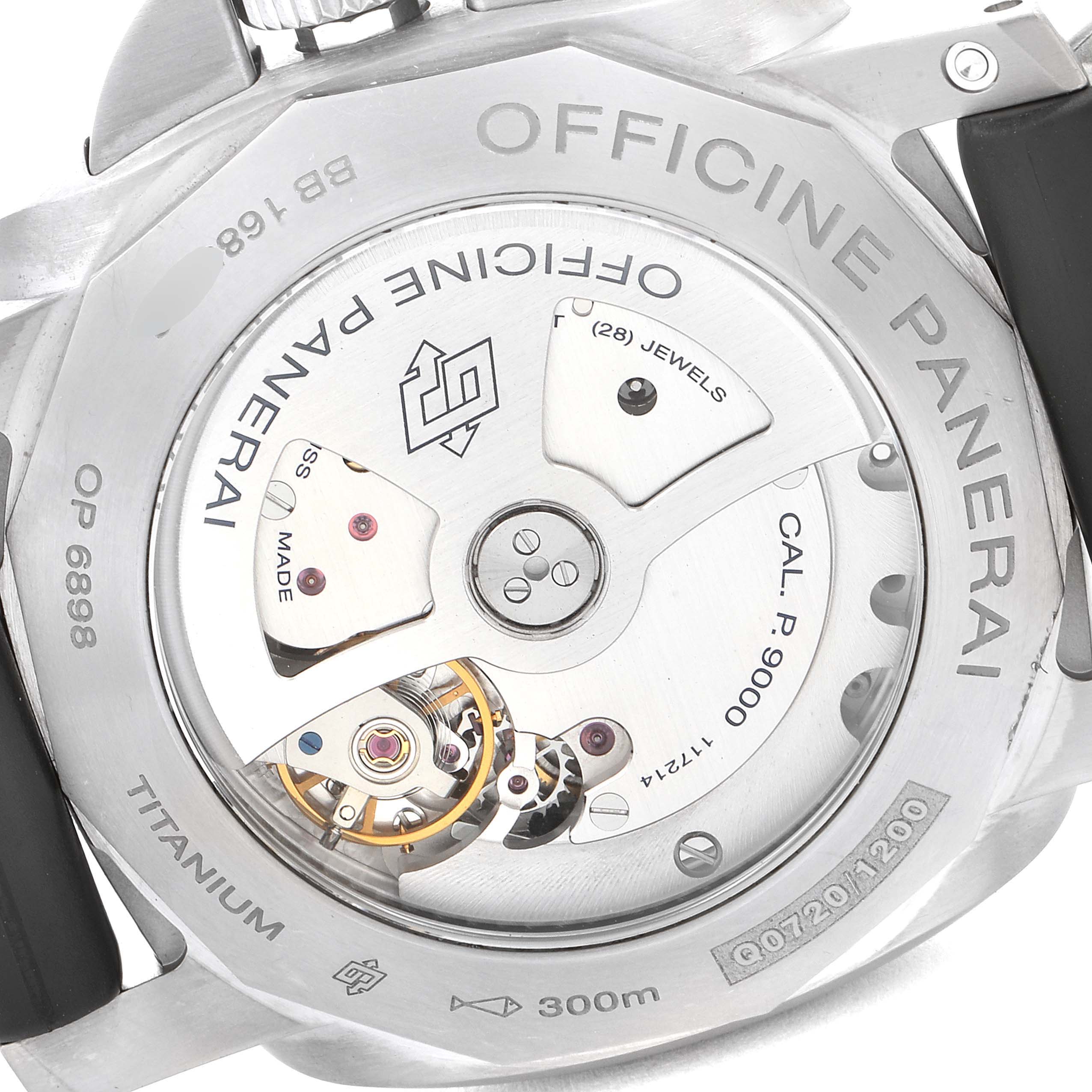 The image shows the transparent back case of a Panerai Luminor PAM00351 Men
s Stainless Steel Black Dial PAM00351 Men
s Stainless Steel Black Dial watch, highlighting the movement and inscriptions.