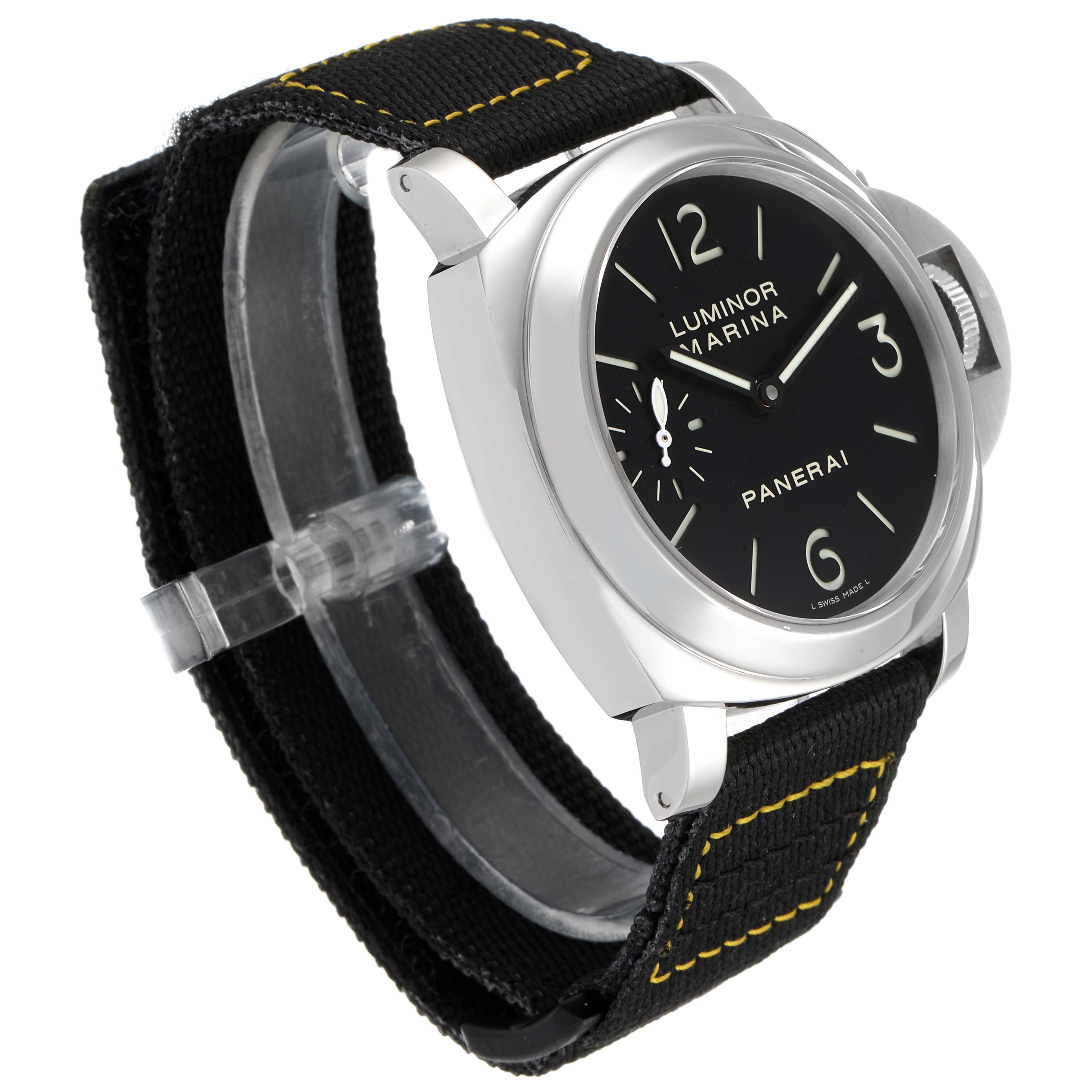 This Panerai Luminor PAM00111 Men
s Stainless Steel Black Dial PAM00111 Men
s Stainless Steel Black Dial watch is shown at a three-quarter angle, highlighting its face, crown protector, and black strap with yellow stitching.
