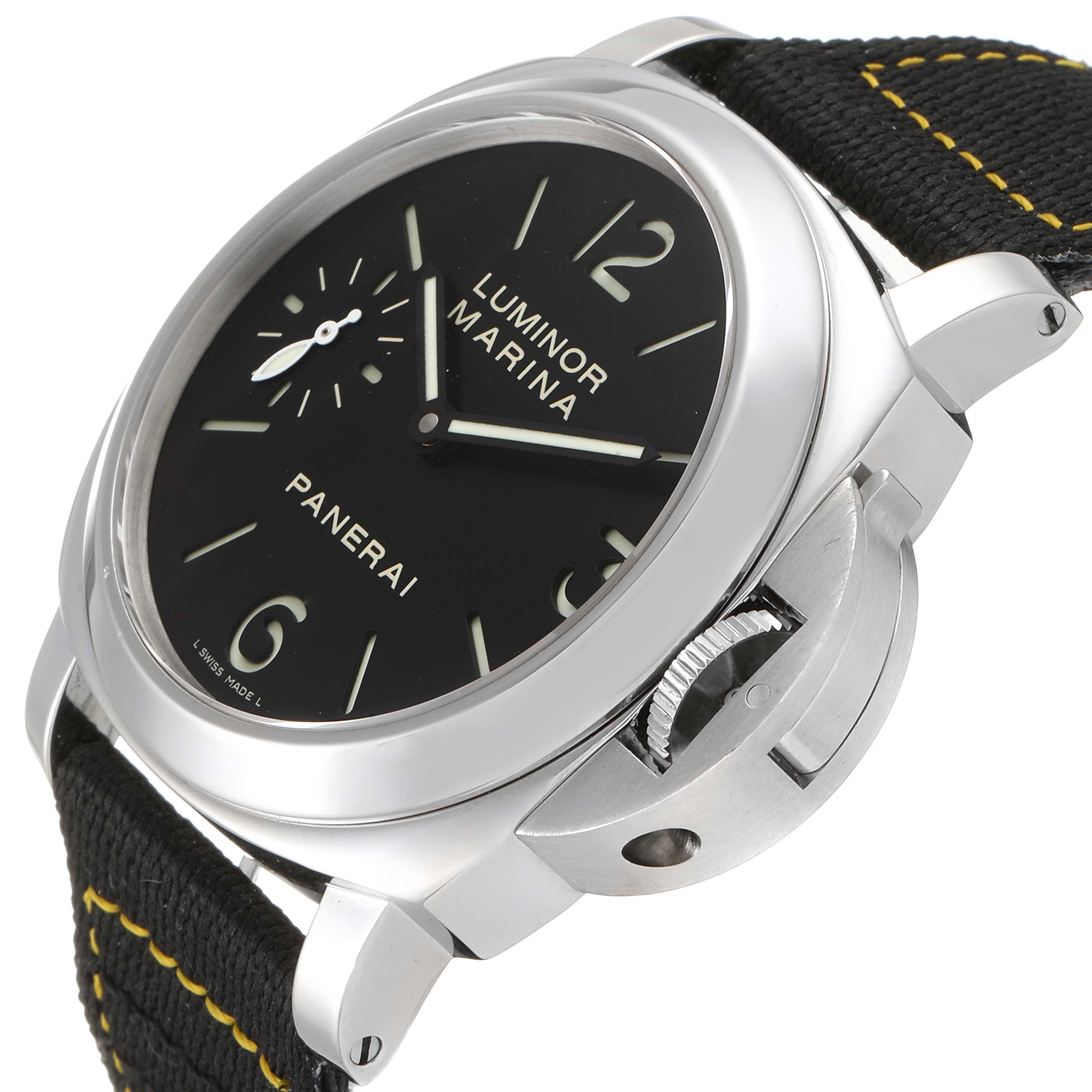 The image shows a close-up angle of a Panerai Luminor PAM00111 Men
s Stainless Steel Black Dial PAM00111 Men
s Stainless Steel Black Dial Marina watch, highlighting the crown guard and strap.