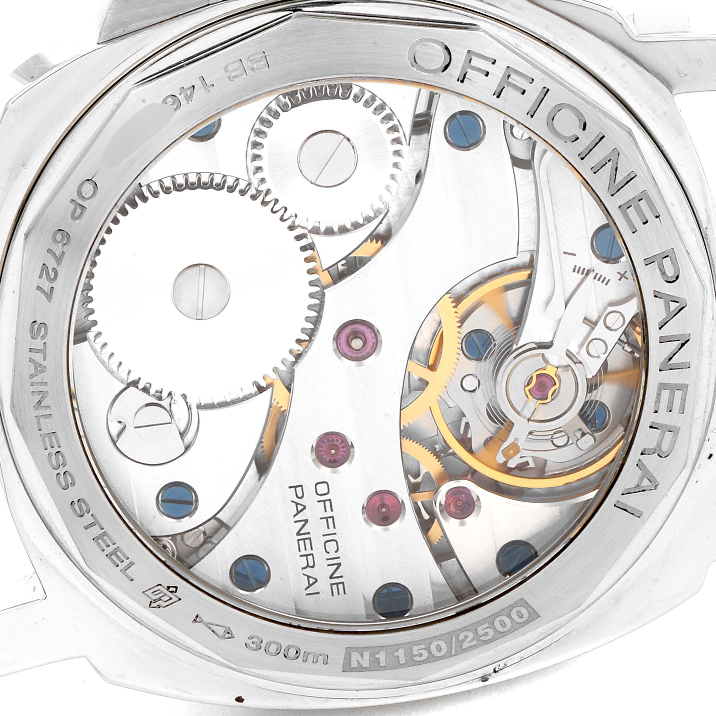 The image shows the back view of a Panerai Luminor PAM00111 Men
s Stainless Steel Black Dial PAM00111 Men
s Stainless Steel Black Dial watch, revealing its intricate mechanical movement and components.