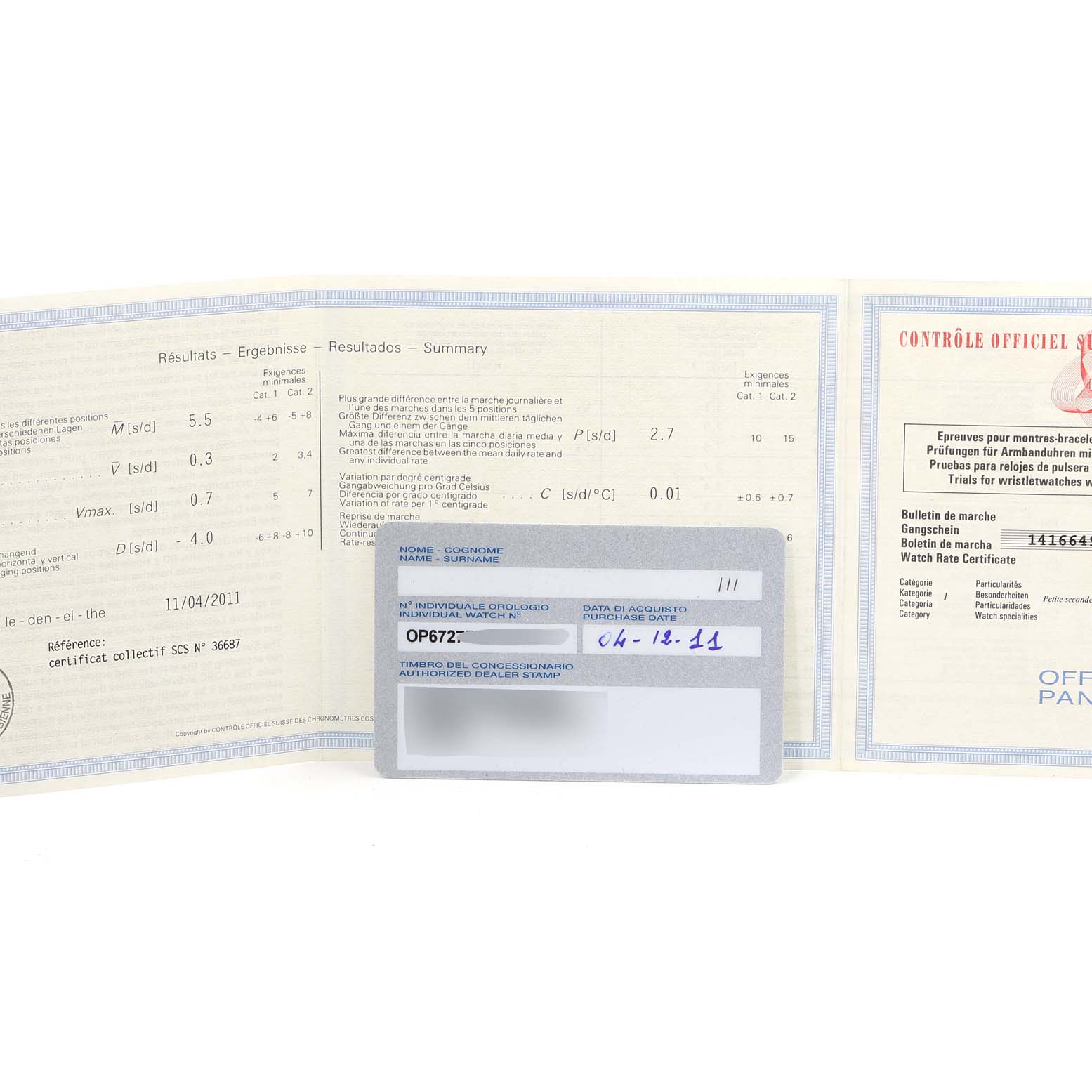 The image shows official documentation and certification for a Panerai Luminor PAM00111 Men
s Stainless Steel Black Dial PAM00111 Men
s Stainless Steel Black Dial watch.