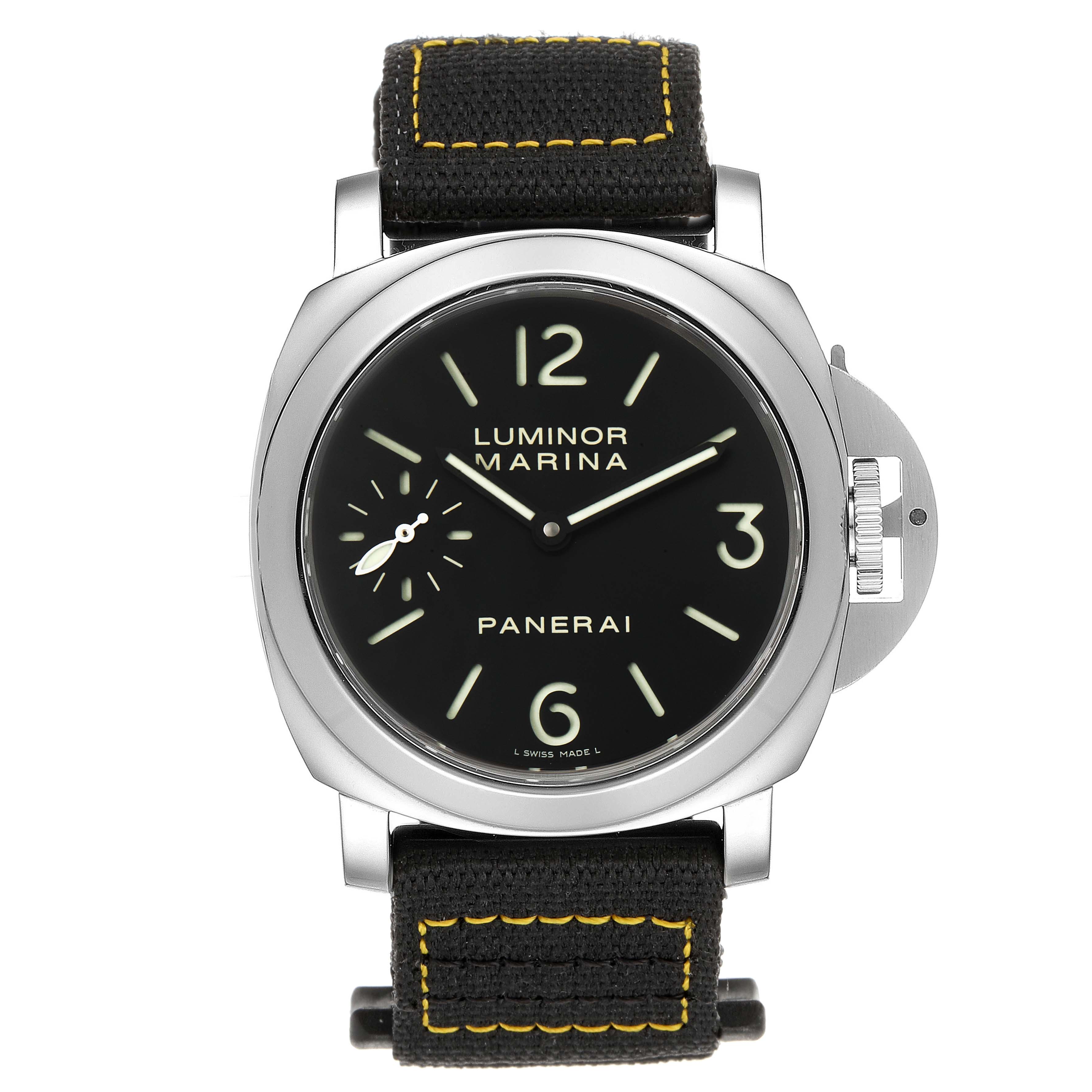 The image shows a front view of the Panerai Luminor PAM00111 Men
s Stainless Steel Black Dial PAM00111 Men
s Stainless Steel Black Dial Marina watch, including its black dial, case, and black strap with yellow stitching.