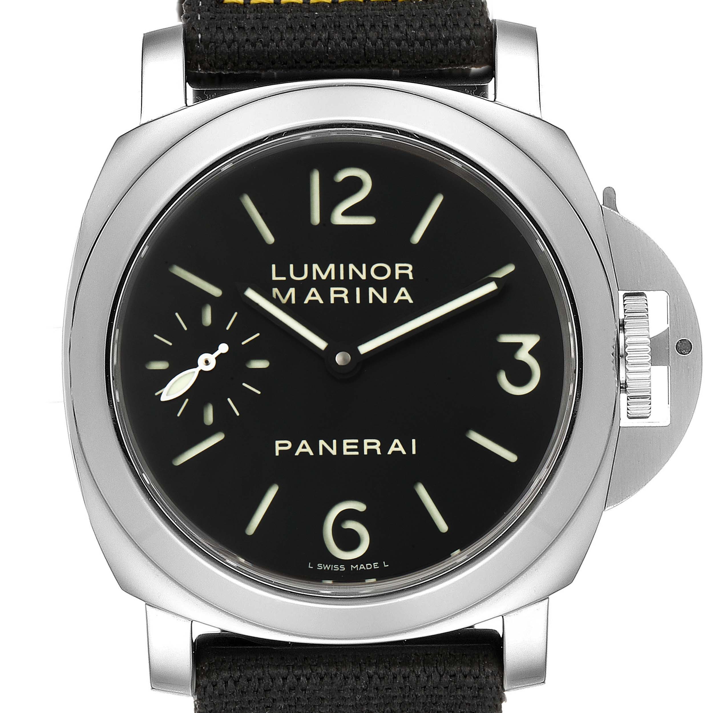 This image shows a front view of the Panerai Luminor PAM00111 Men
s Stainless Steel Black Dial PAM00111 Men
s Stainless Steel Black Dial Marina watch, displaying the dial, crown guard, and strap.