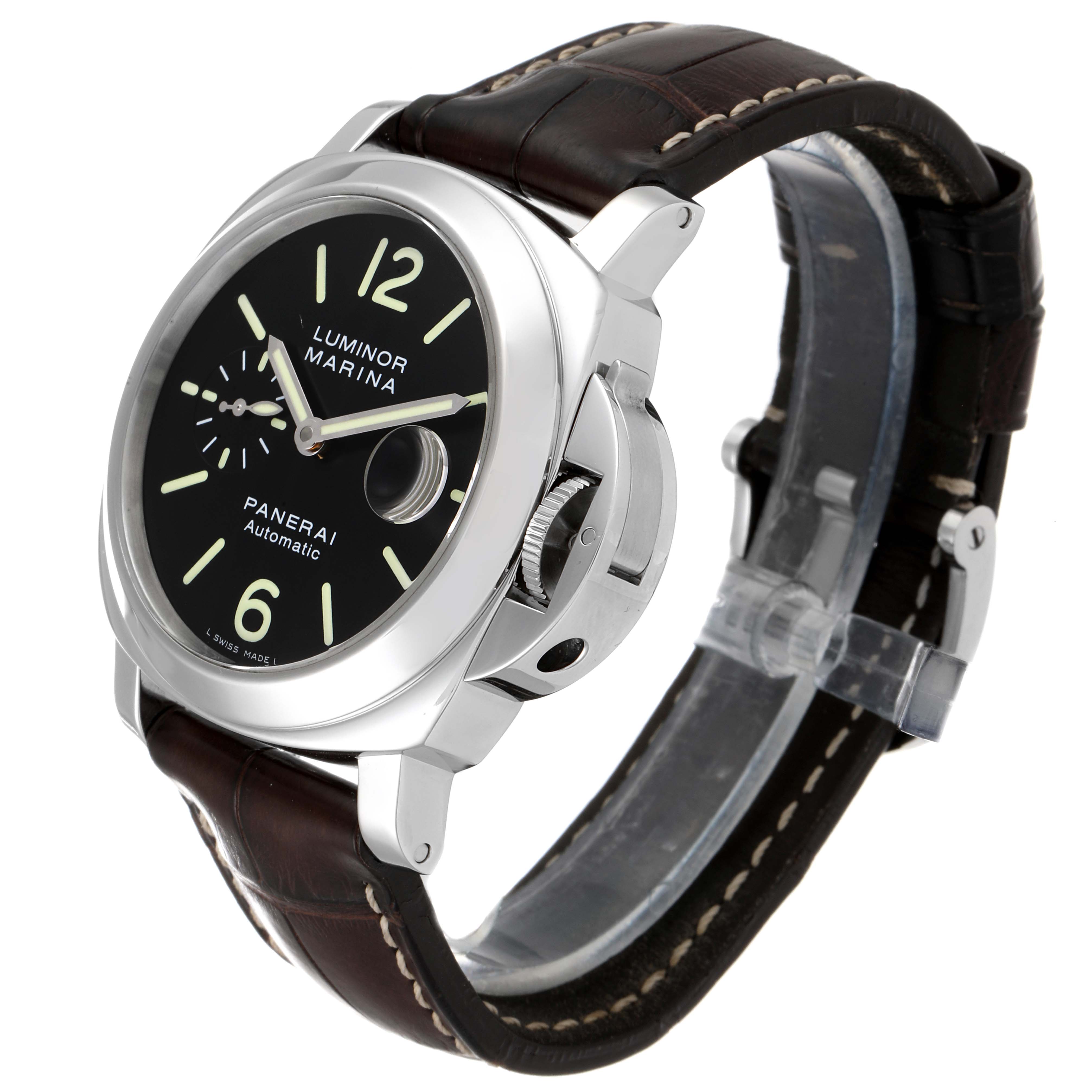 The image shows a side angle of the Panerai Luminor PAM00104 Men
s Stainless Steel Black Dial PAM00104 Men
s Stainless Steel Black Dial Marina watch with a black dial and brown leather strap.