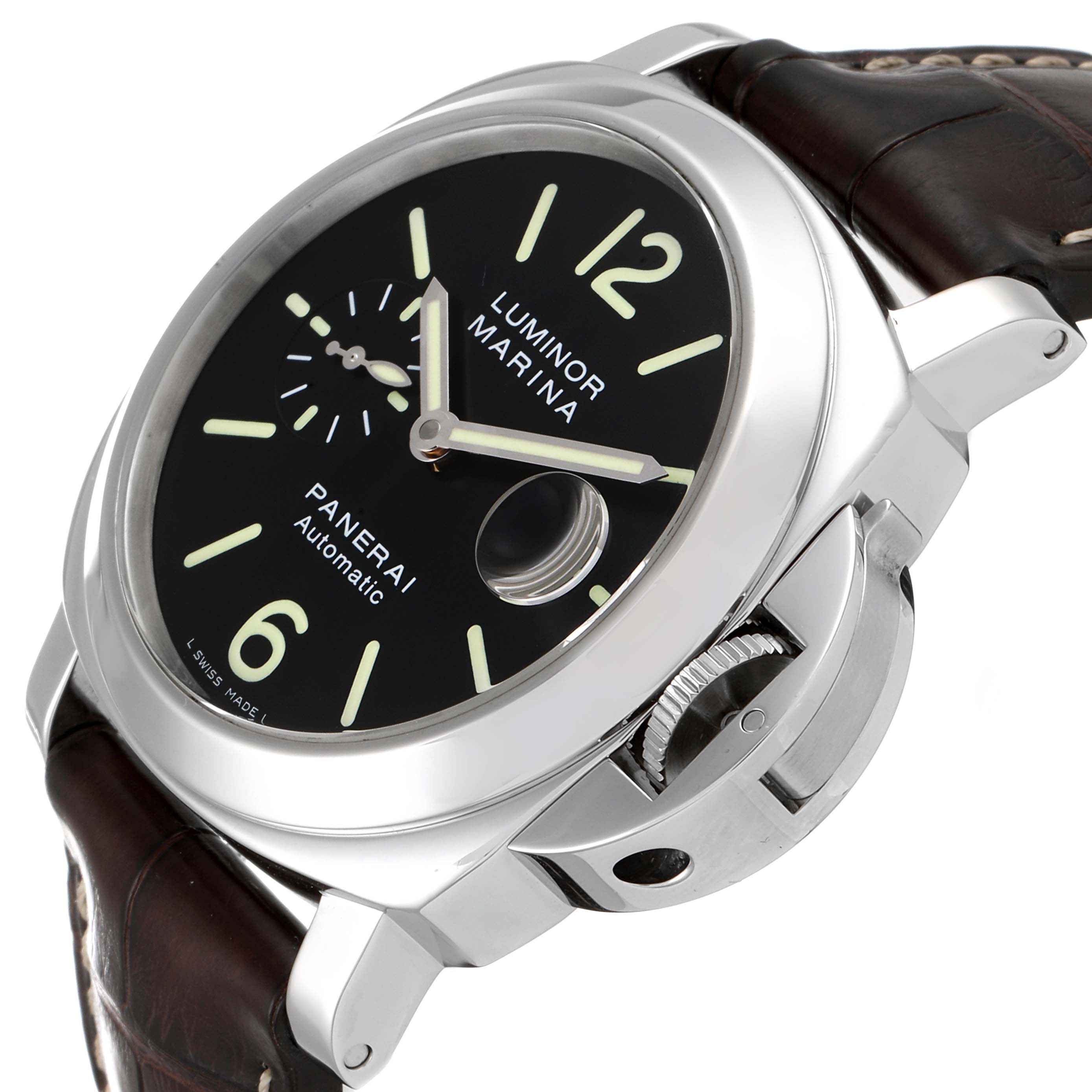The image shows a Panerai Luminor PAM00104 Men
s Stainless Steel Black Dial PAM00104 Men
s Stainless Steel Black Dial watch at a three-quarter angle, highlighting its crown guard and black dial.