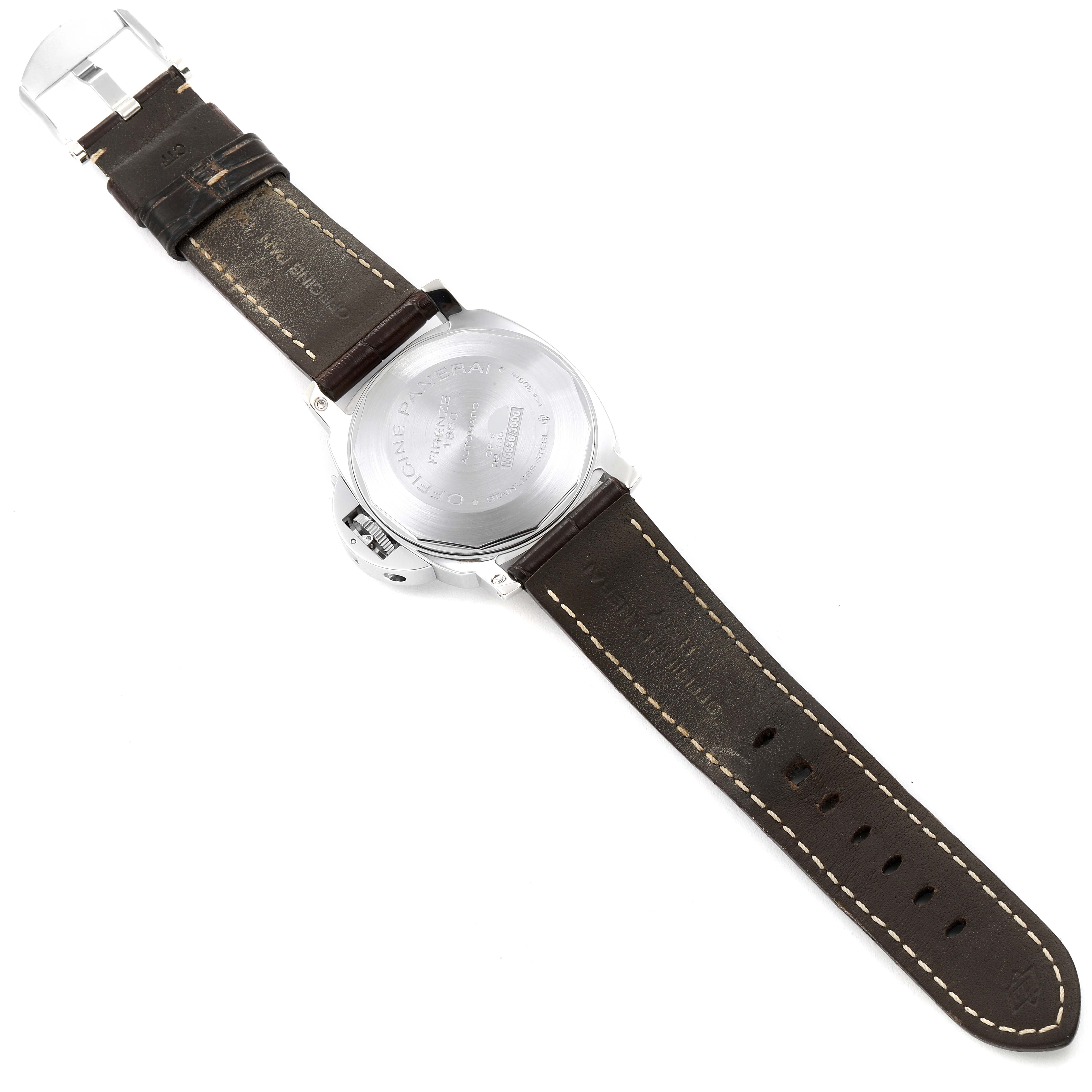 The image shows a Luminor model watch by Panerai from the back, displaying its case back and leather strap.