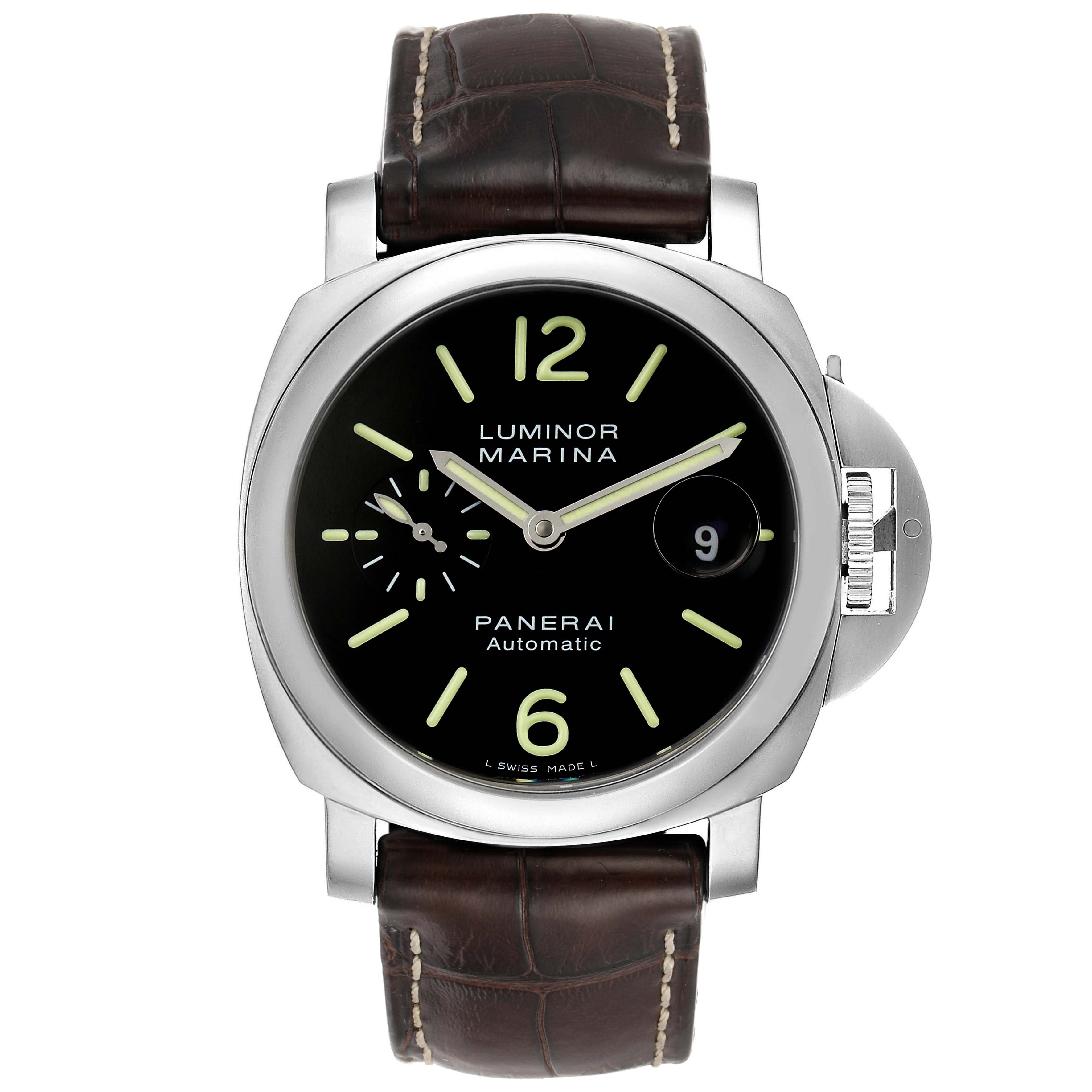 This image shows a front view of the Panerai Luminor PAM00104 Men
s Stainless Steel Black Dial PAM00104 Men
s Stainless Steel Black Dial Marina watch, featuring its dial, bezel, and leather strap.