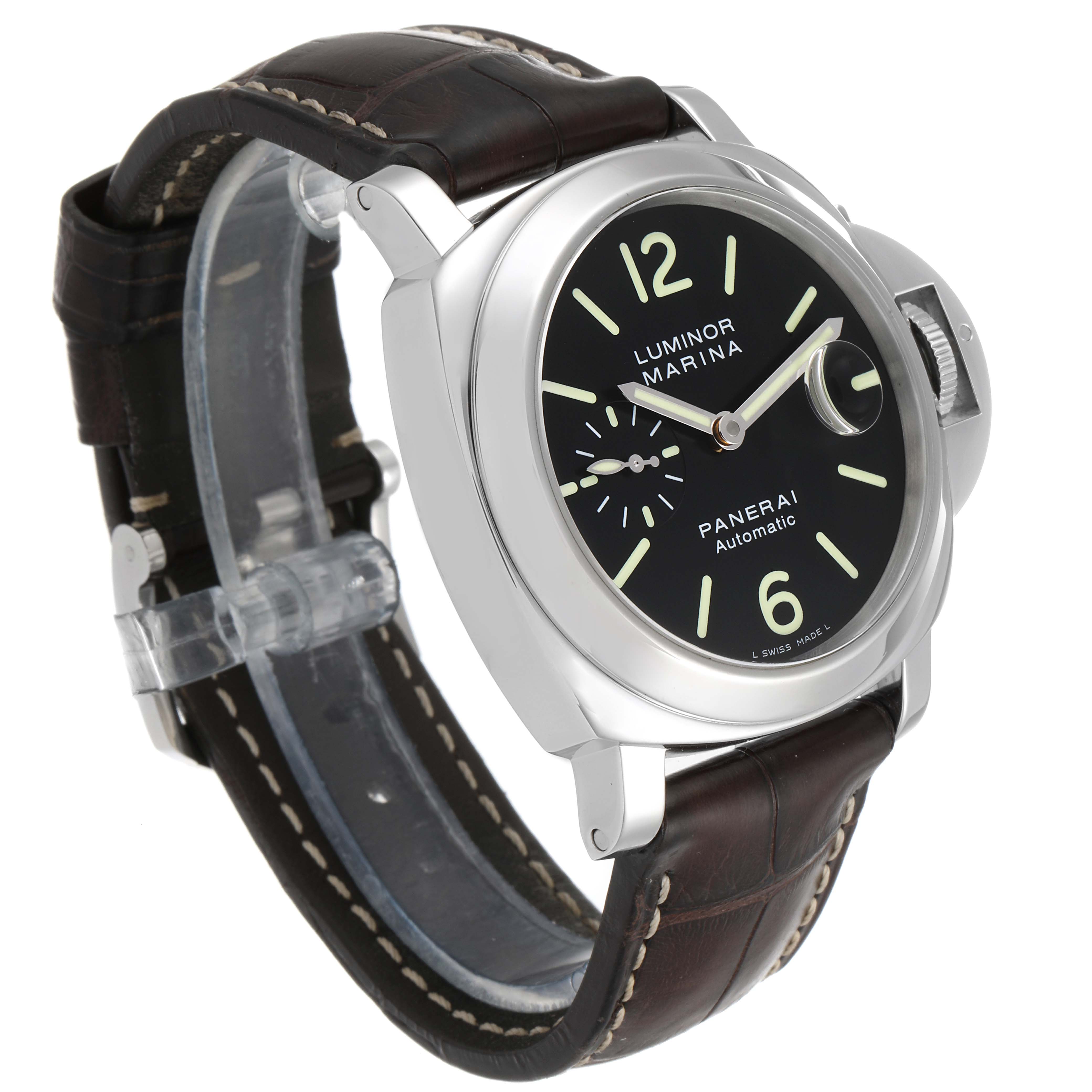 The image shows a Panerai Luminor PAM00104 Men
s Stainless Steel Black Dial PAM00104 Men
s Stainless Steel Black Dial watch at a three-quarter angle, highlighting the dial, case, and leather strap.