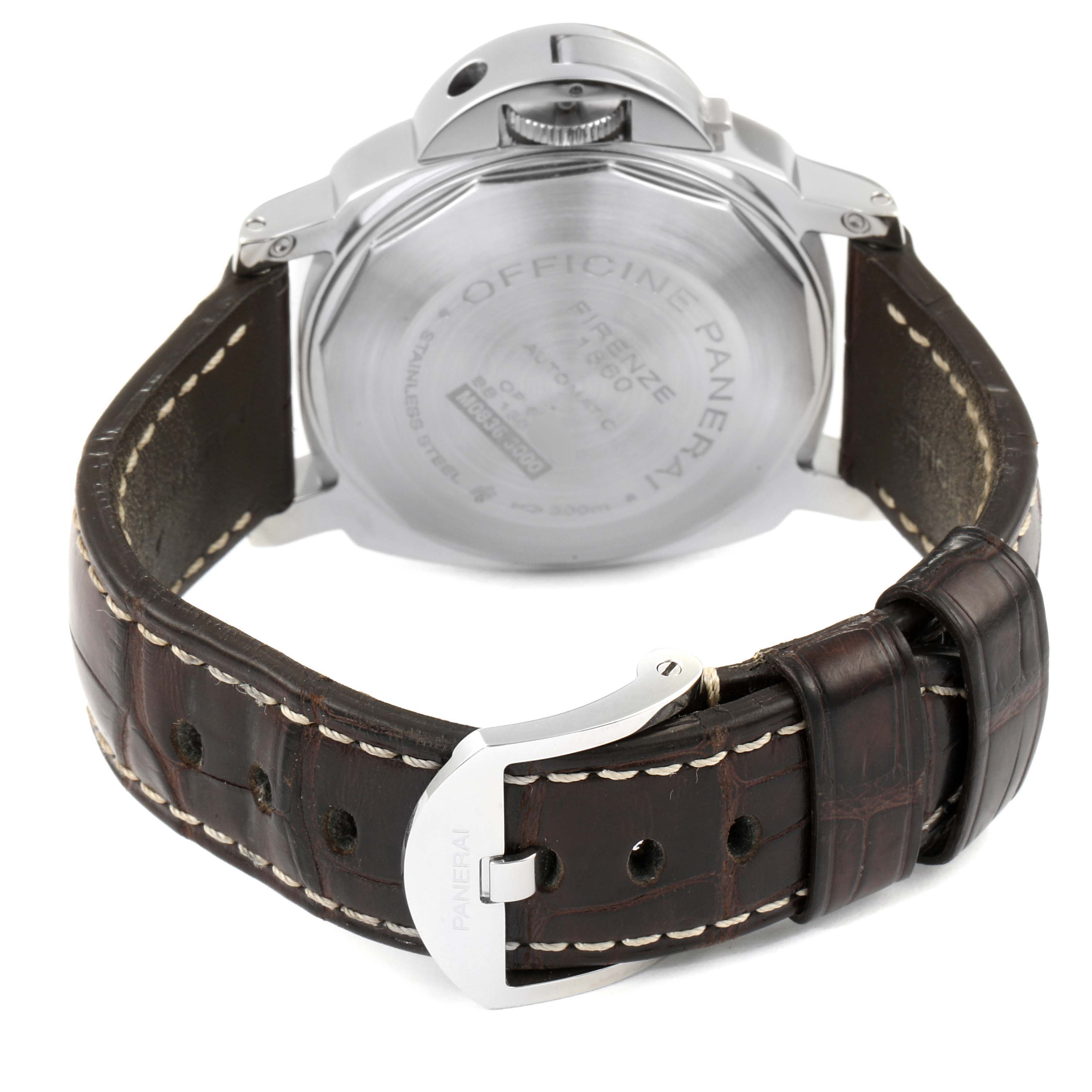 The image shows the back of a Panerai Luminor PAM00104 Men
s Stainless Steel Black Dial PAM00104 Men
s Stainless Steel Black Dial watch, focusing on the case back, clasp, and leather strap.