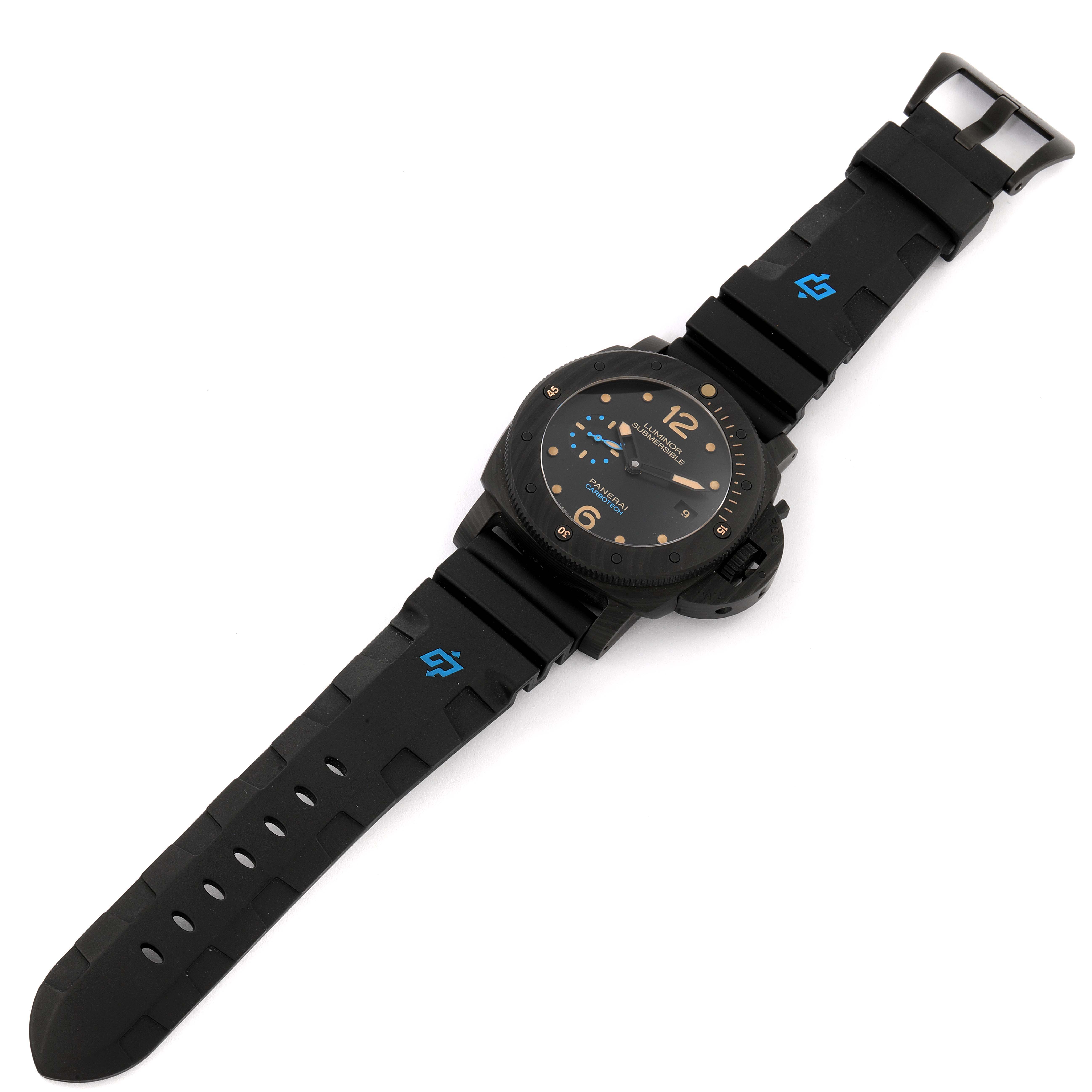 The Panerai Submersible PAM00616 Men's Stainless Steel Black Dial PAM00616 Men's Stainless Steel Black Dial watch is shown from a top-down angle, displaying its face, bezel, rubber strap, and buckle.