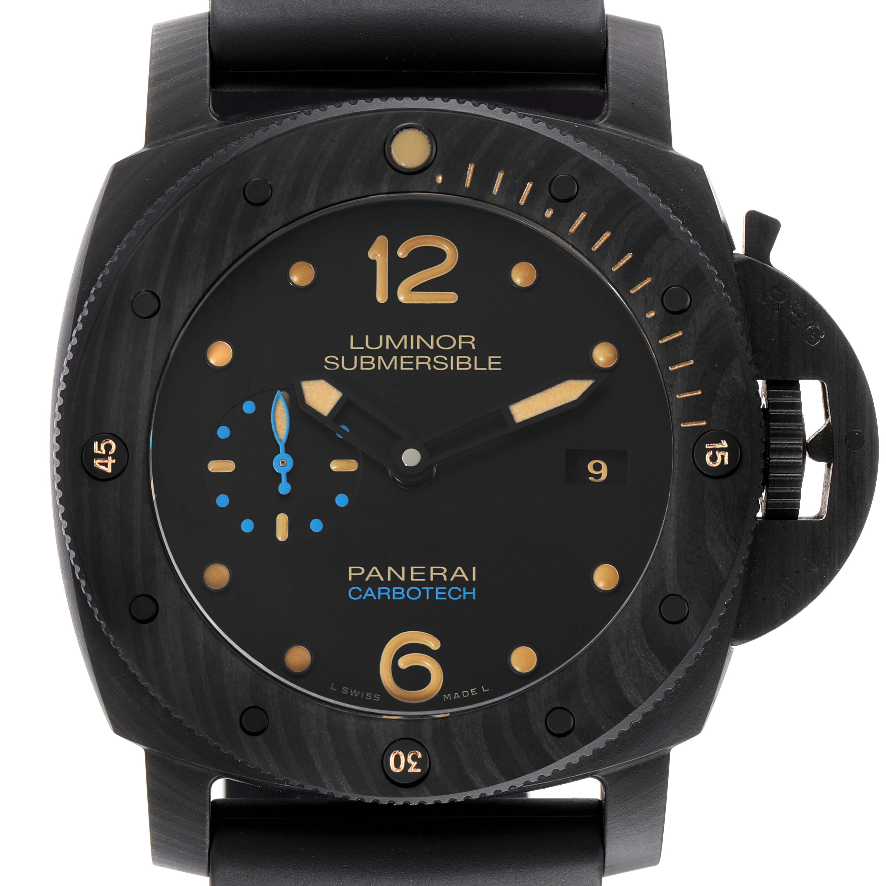 The image shows a front view of the Panerai Luminor Submersible watch, highlighting its dial, bezel, and crown guard.