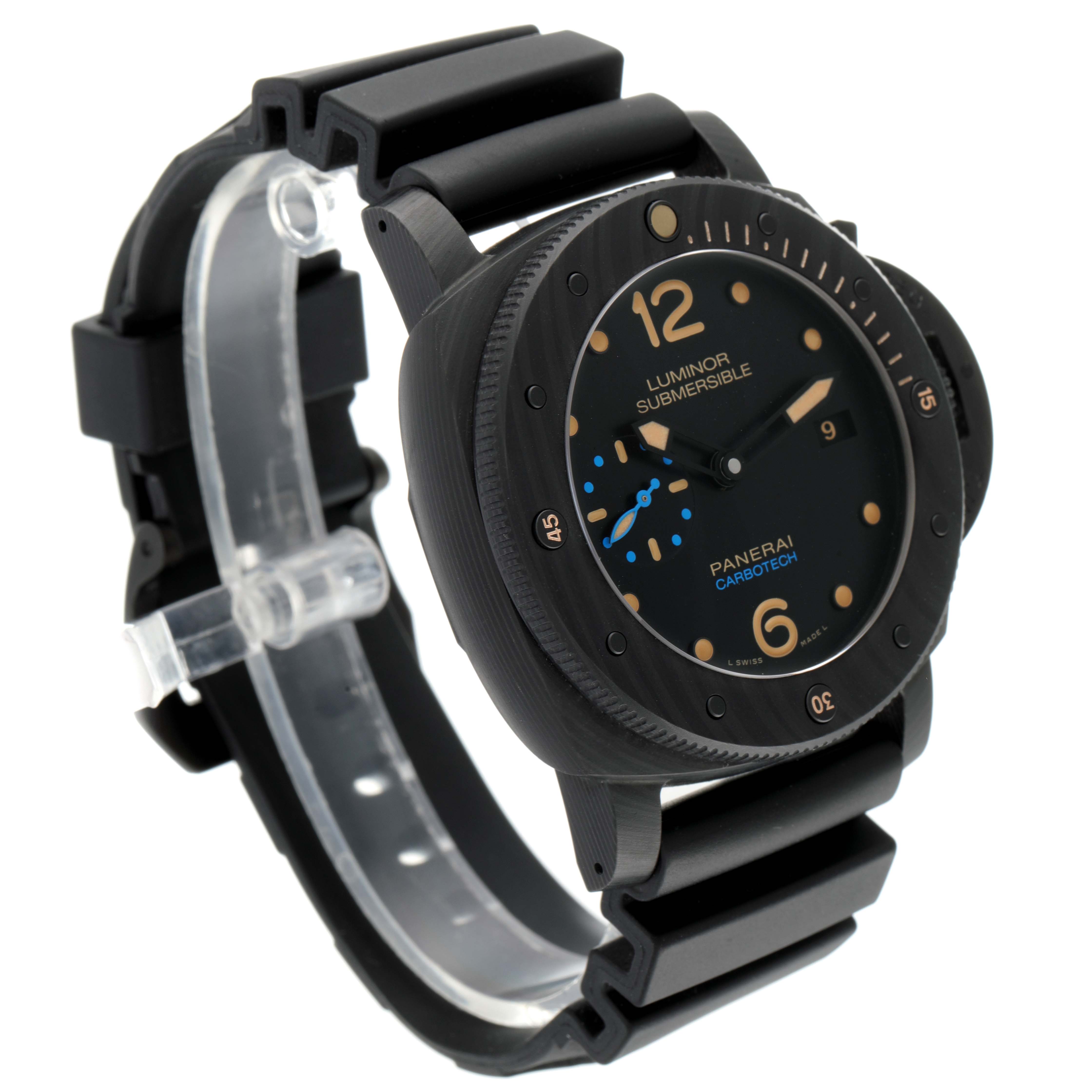 The image shows a Panerai Submersible PAM00616 Men's Stainless Steel Black Dial PAM00616 Men's Stainless Steel Black Dial watch from a front-left angle, displaying the face, bezel, and strap.
