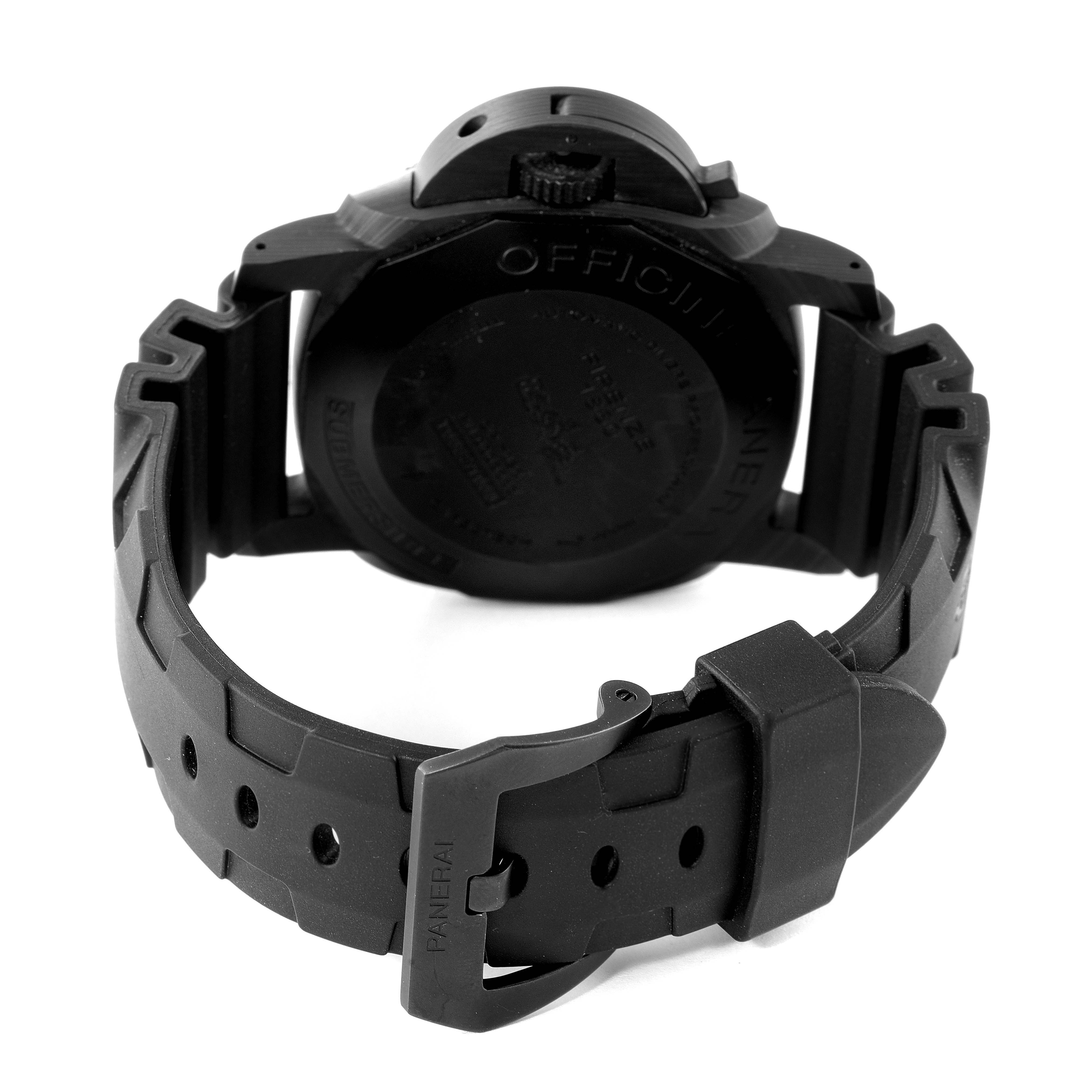 The image shows the back view of a Panerai Submersible PAM00616 Men's Stainless Steel Black Dial PAM00616 Men's Stainless Steel Black Dial watch, featuring the case back and the rubber strap with a buckle.