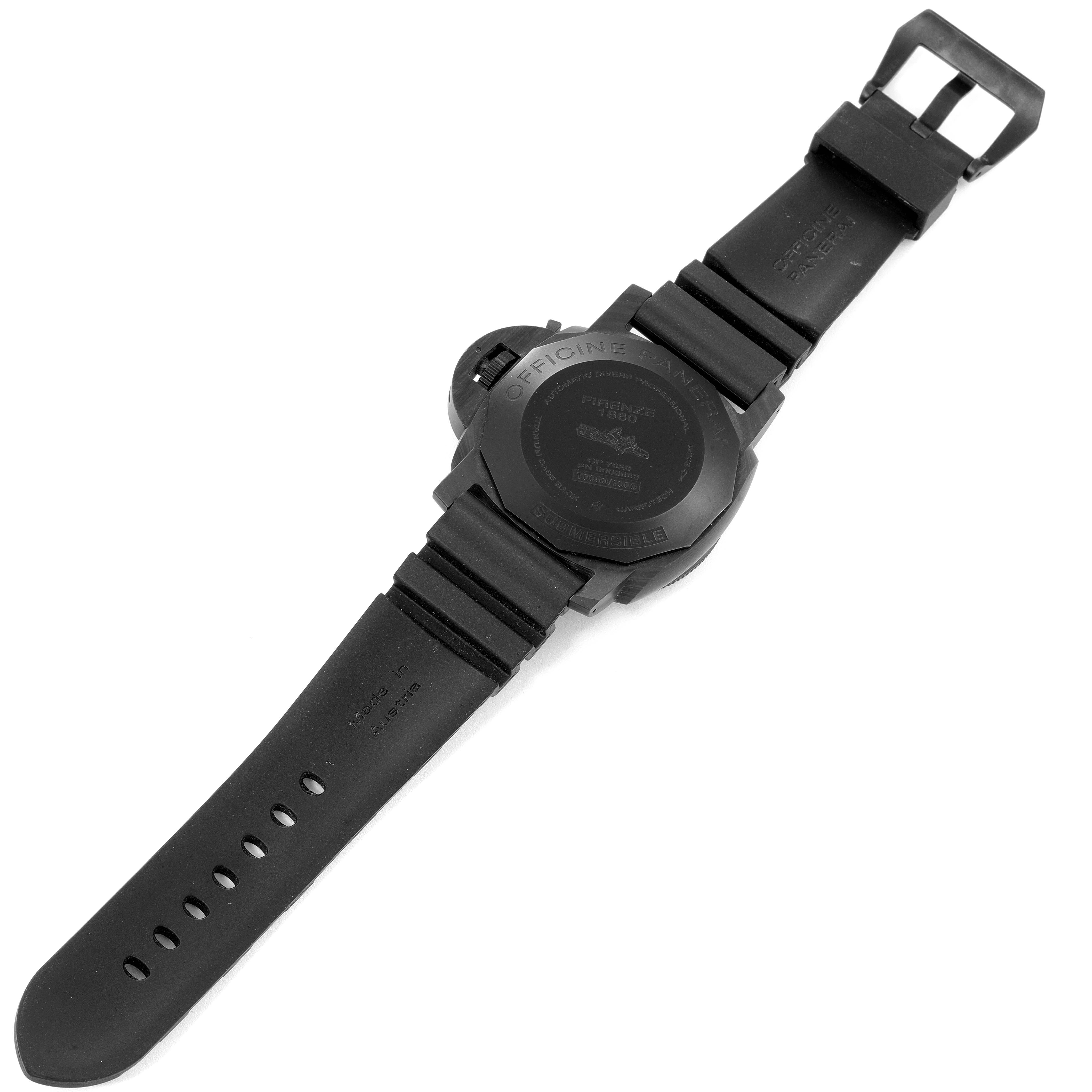 The image shows the back view of a Panerai Submersible PAM00616 Men's Stainless Steel Black Dial PAM00616 Men's Stainless Steel Black Dial watch, showcasing its casing and black strap.