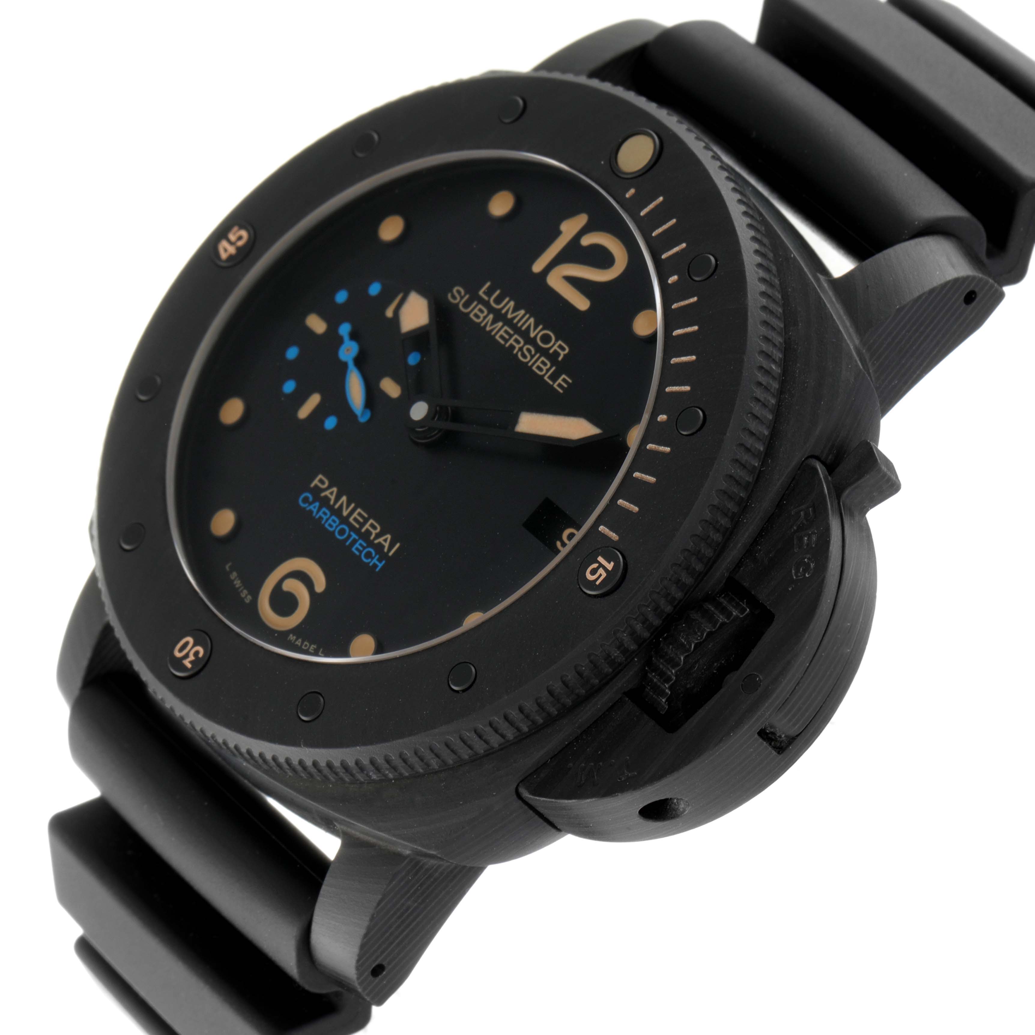 The image shows a Panerai Submersible PAM00616 Men's Stainless Steel Black Dial PAM00616 Men's Stainless Steel Black Dial watch at a slight side angle, displaying the dial, bezel, and part of the strap.