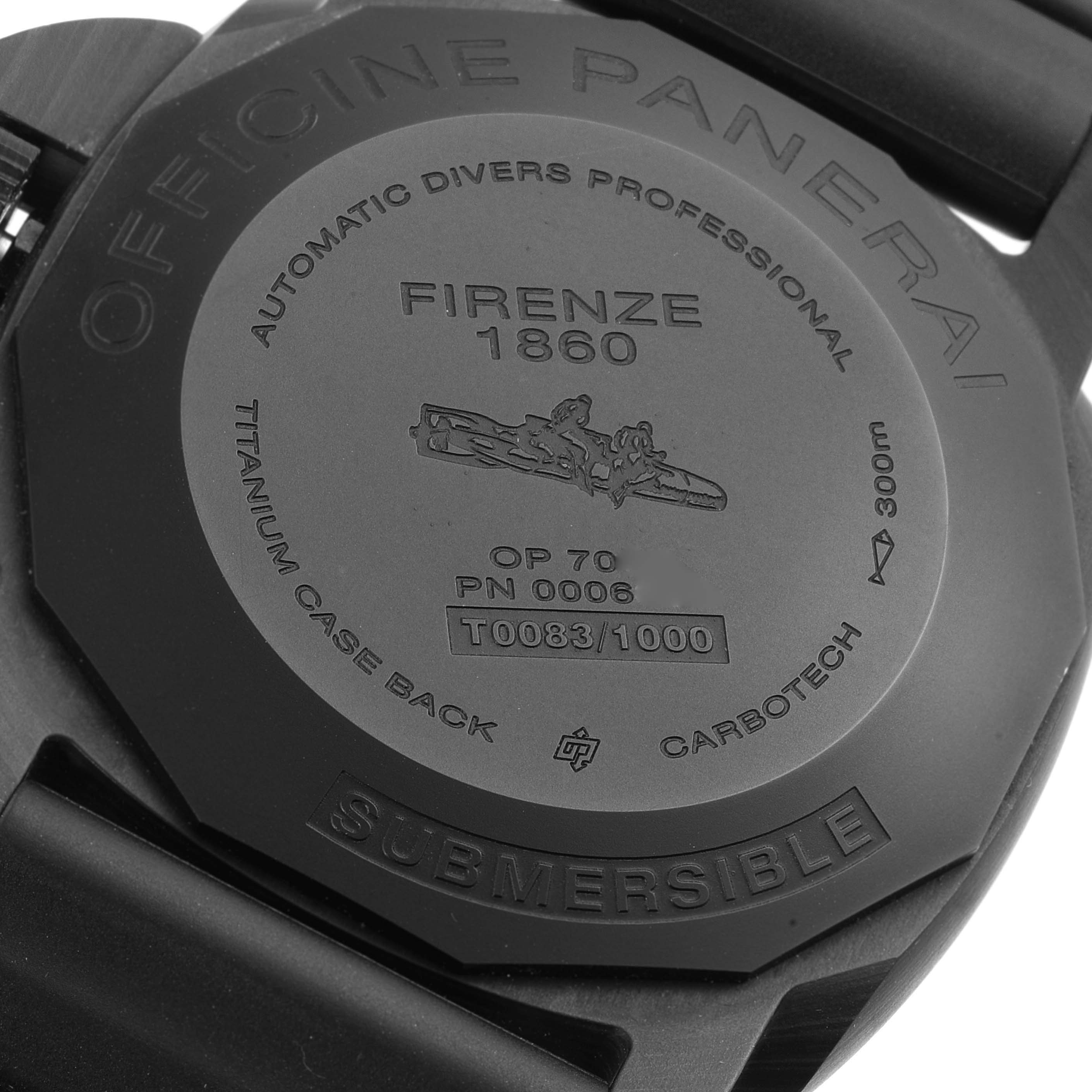 This image shows the case back of the Panerai Submersible PAM00616 Men's Stainless Steel Black Dial PAM00616 Men's Stainless Steel Black Dial watch, featuring engravings and specifications.