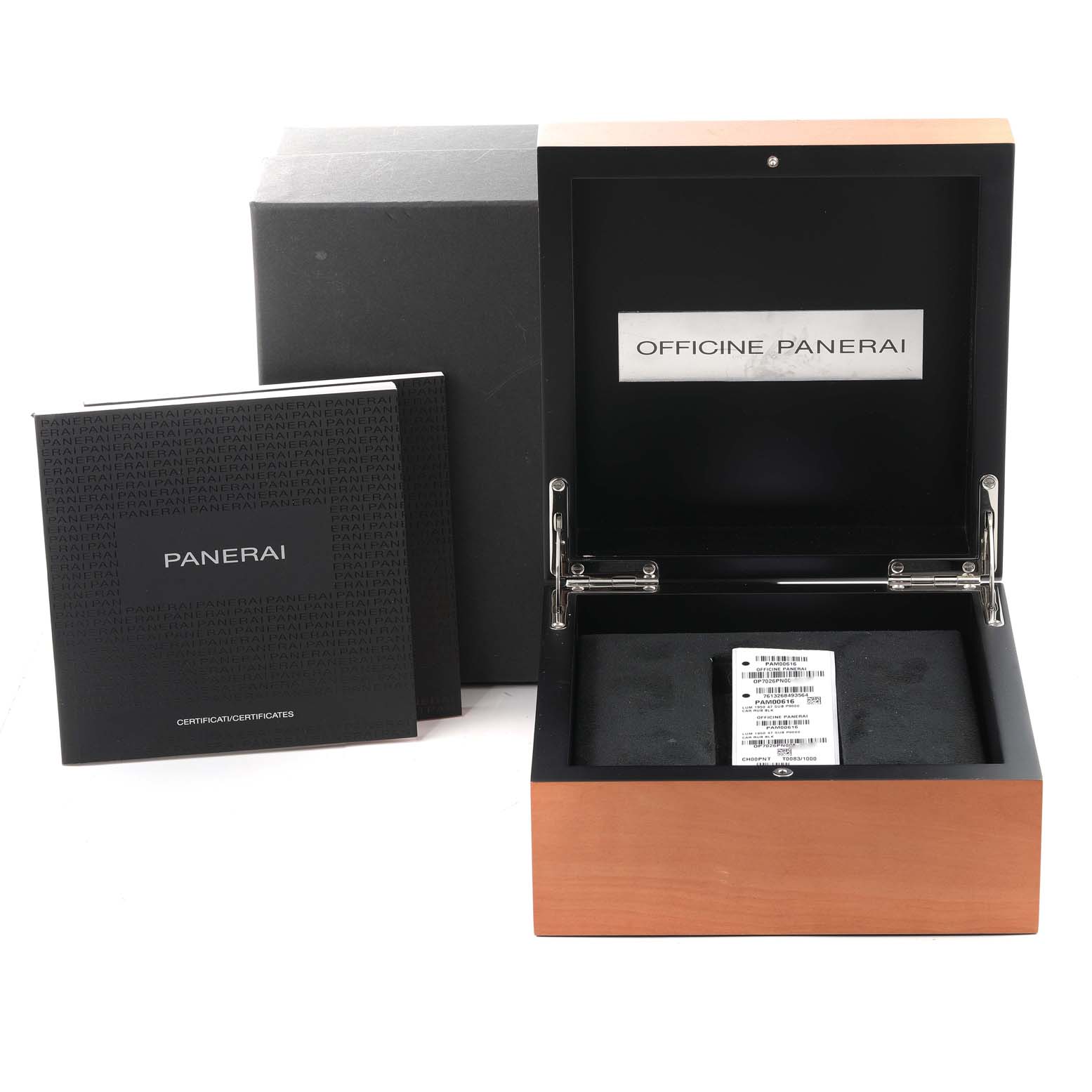 This image shows the packaging and certification documents for a Panerai Submersible PAM00616 Men's Stainless Steel Black Dial PAM00616 Men's Stainless Steel Black Dial watch, with an open box and booklet.