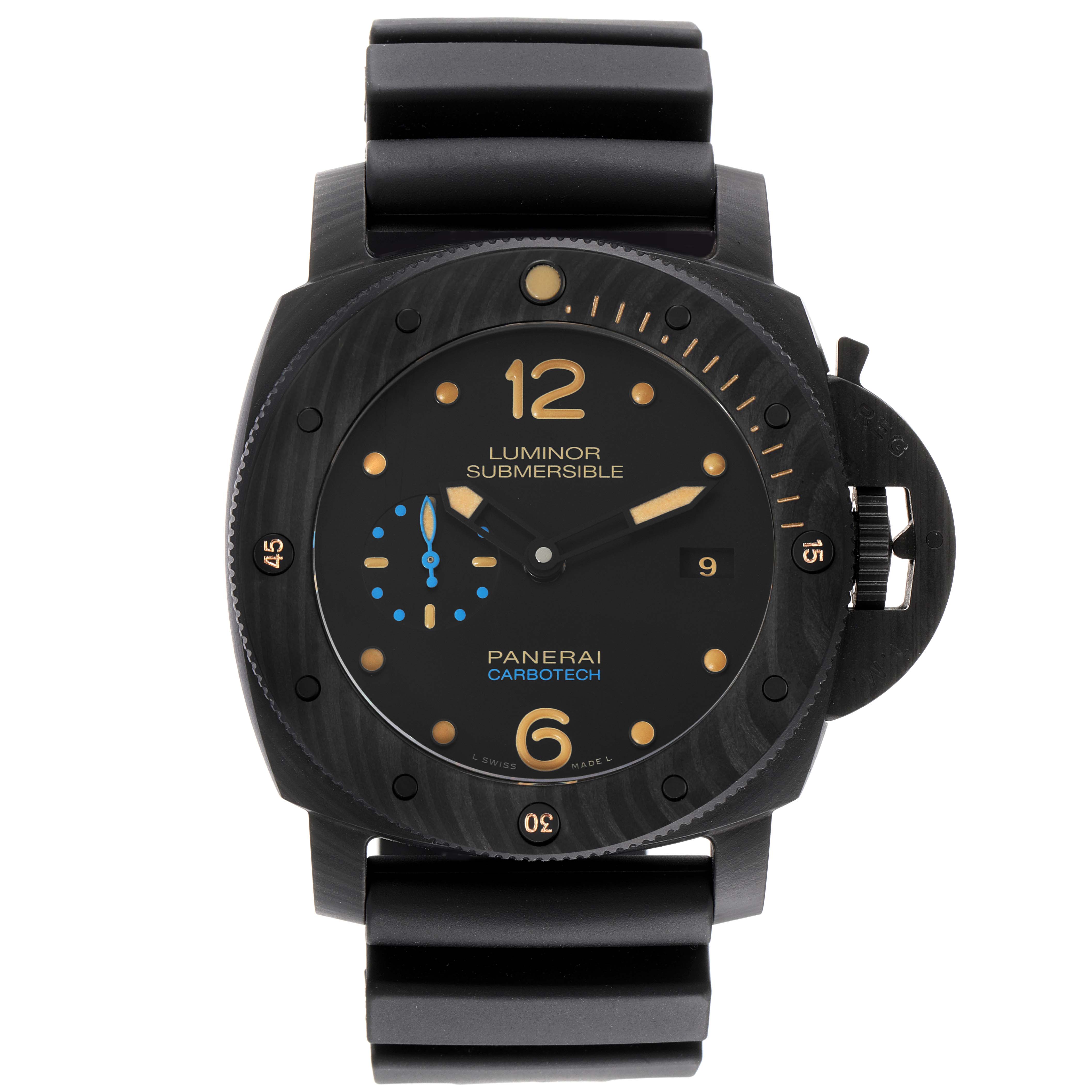 This image shows a front view of the Panerai Luminor Submersible watch, displaying its face, bezel, and strap.