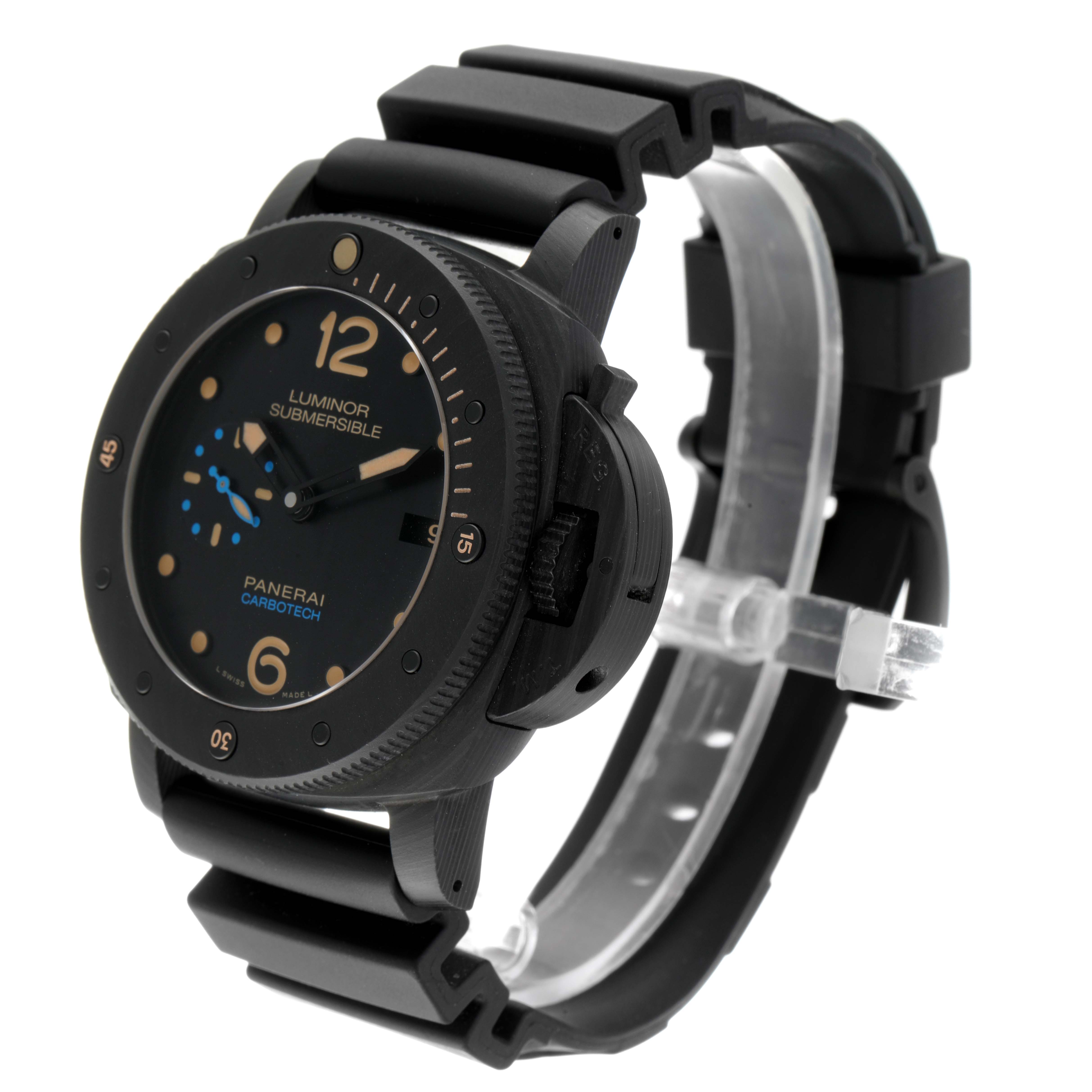 The Panerai Luminor Submersible watch is shown at a three-quarter angle, highlighting the black dial, bezel, and rubber strap.