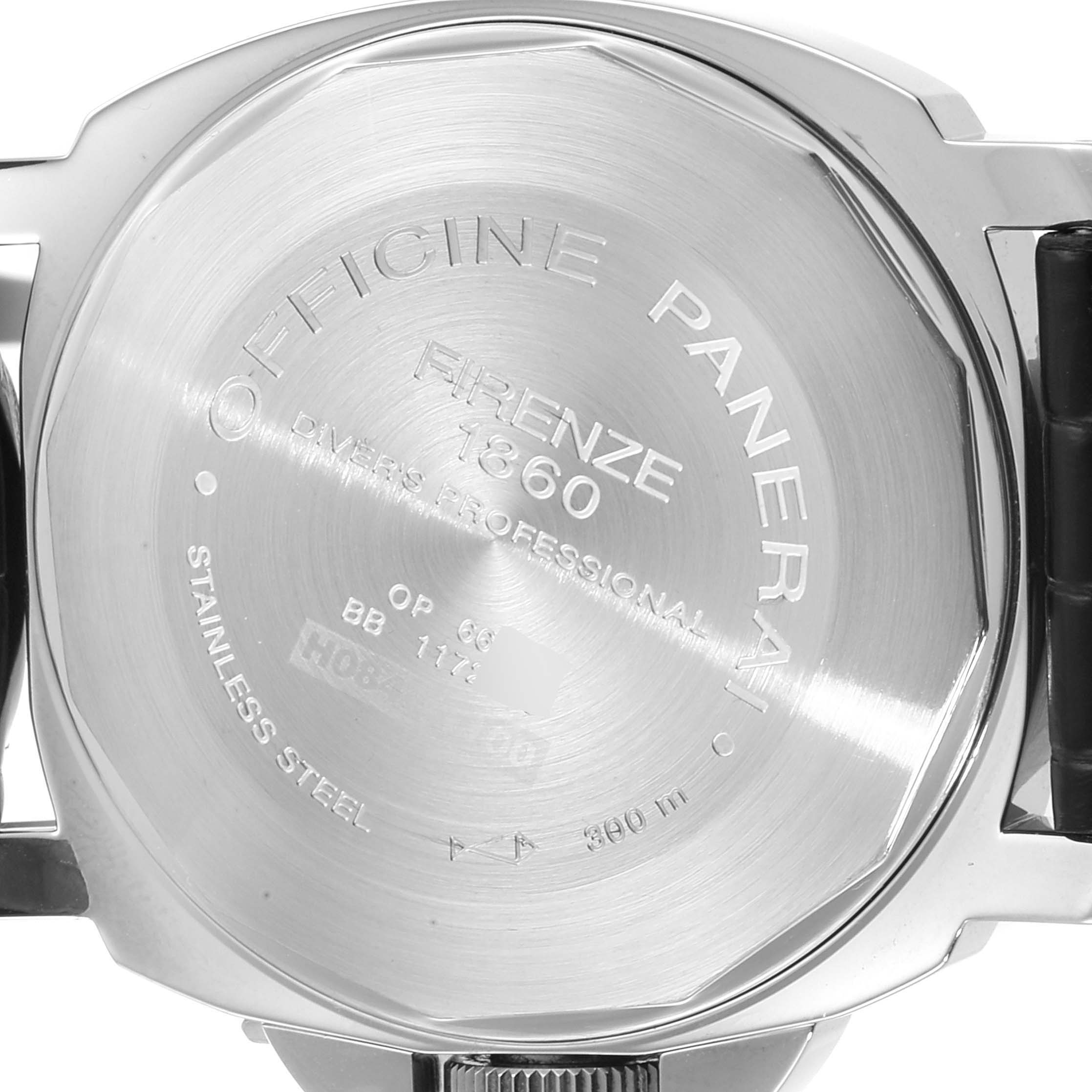 The image features the case back of a Panerai Submersible PAM00024 Men's Stainless Steel Black Dial PAM00024 Men's Stainless Steel Black Dial watch, showing engraved details and a stainless steel finish.